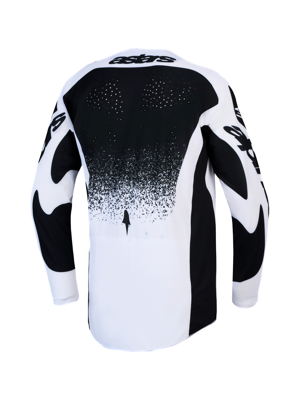 Alpinestars Camisola Techstar Swan para motocross, preta e branca, vista traseira com ventilação e parte traseira alongada.