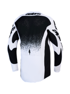 Alpinestars Camisola Techstar Swan para motocross, preta e branca, vista traseira com ventilação e parte traseira alongada.