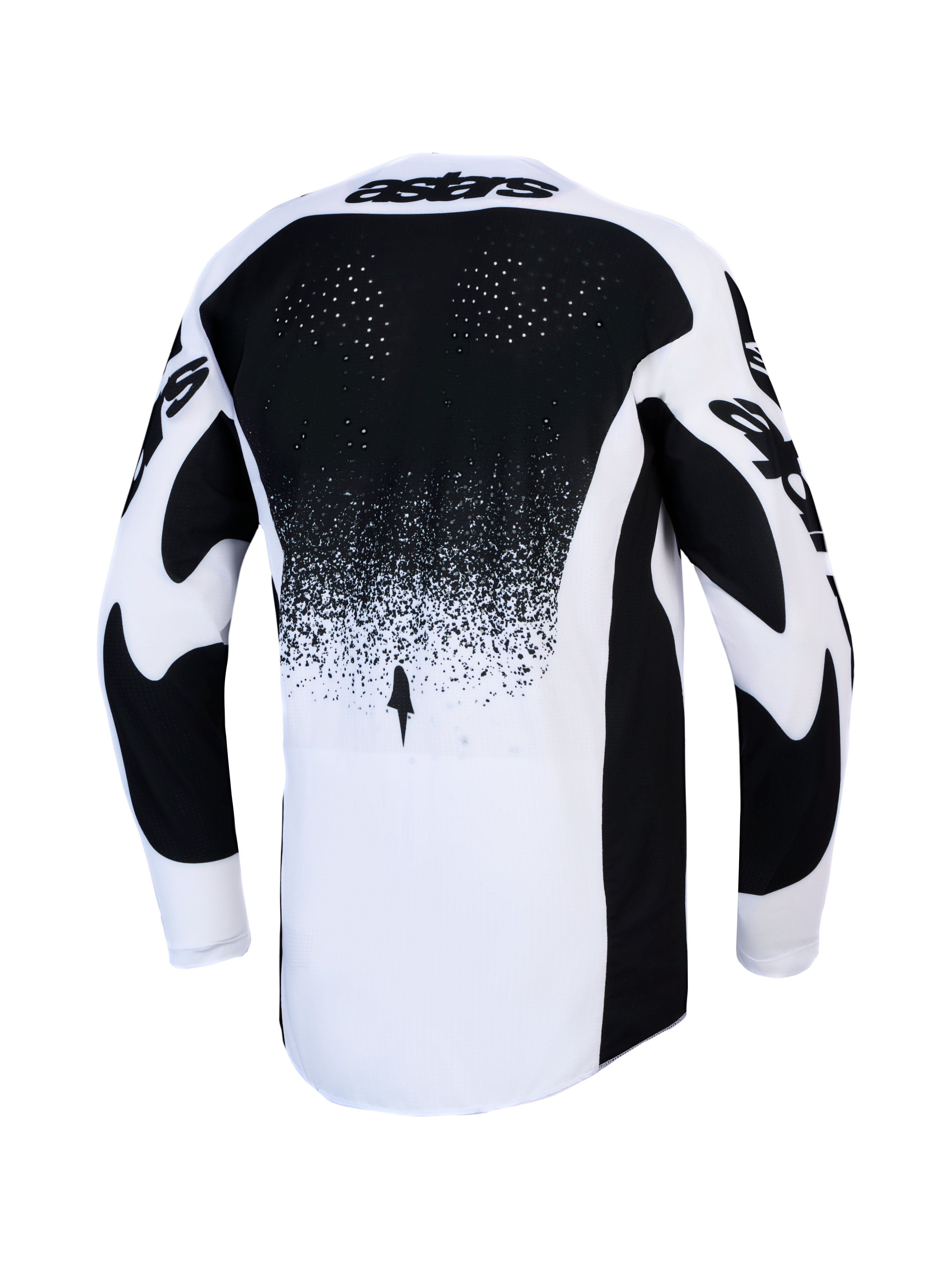 Alpinestars Camisola Techstar Swan para motocross, preta e branca, vista traseira com ventilação e parte traseira alongada.