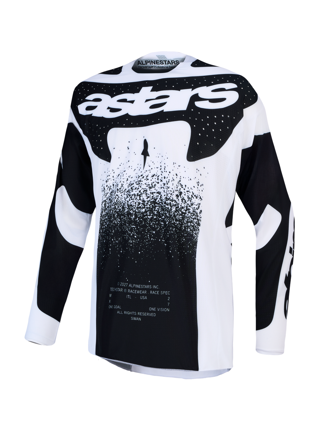 Alpinestars Techstar Swan, camisola de motocross para homem, branca e preta, em tecido elástico leve e ventilado.