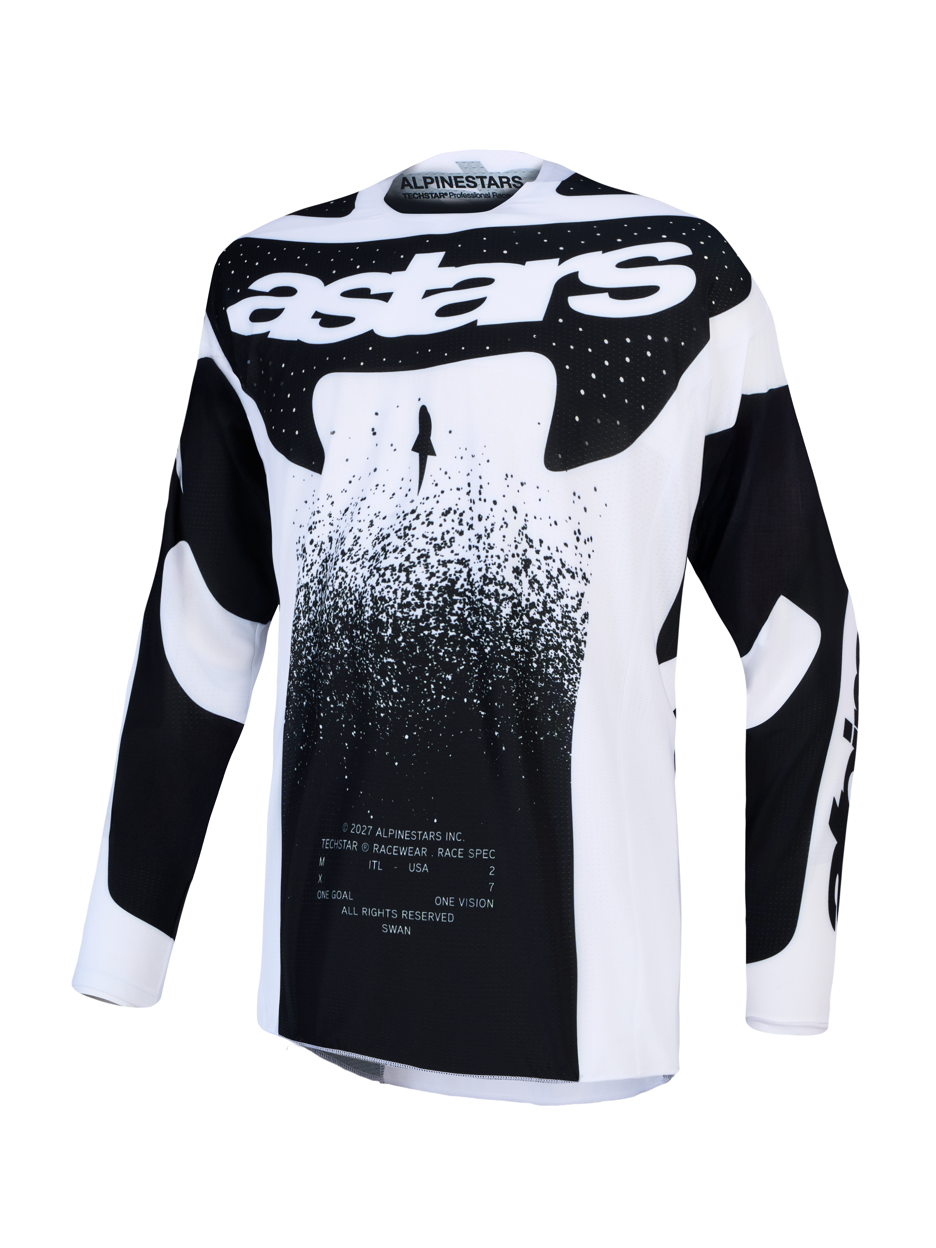 Alpinestars Techstar Swan, camisola de motocross para homem, branca e preta, em tecido elástico leve e ventilado.