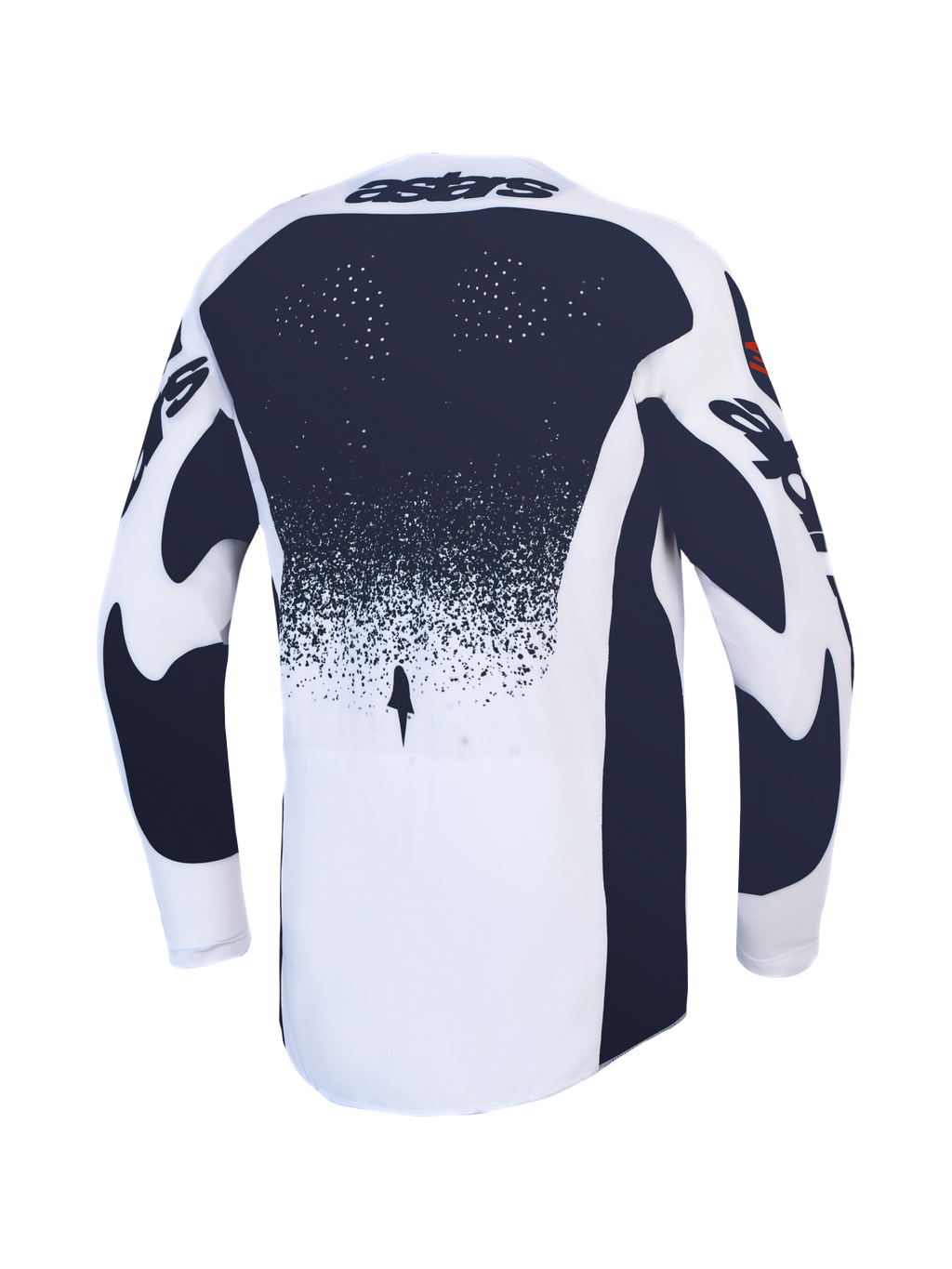 Alpinestars Camisola Techstar Swan, camisola de motocross para homem, branca e cinzenta escura, vista traseira com perfurações a laser e ajuste atlético.