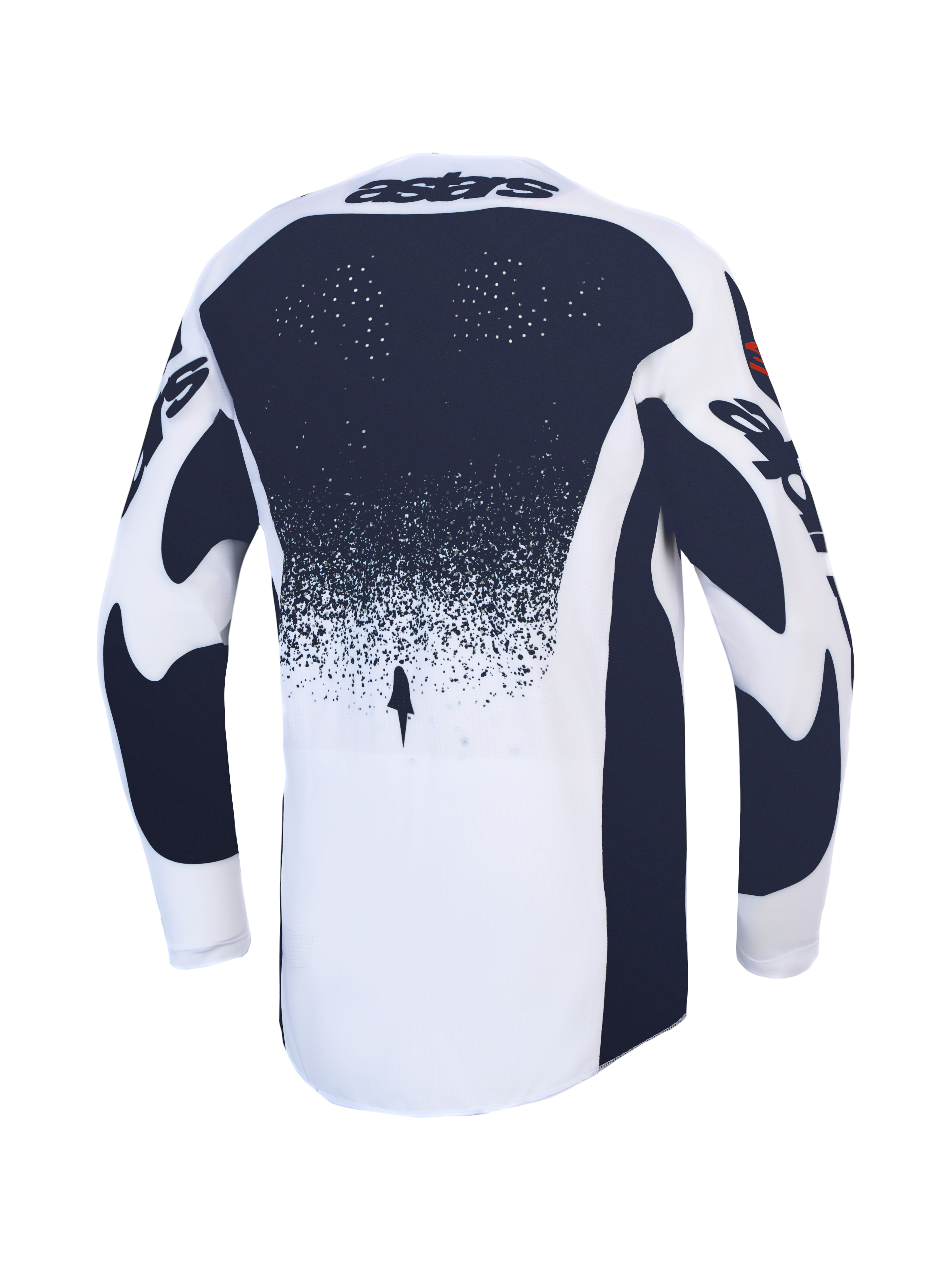 Alpinestars Camisola Techstar Swan, camisola de motocross para homem, branca e cinzenta escura, vista traseira com perfurações a laser e ajuste atlético.