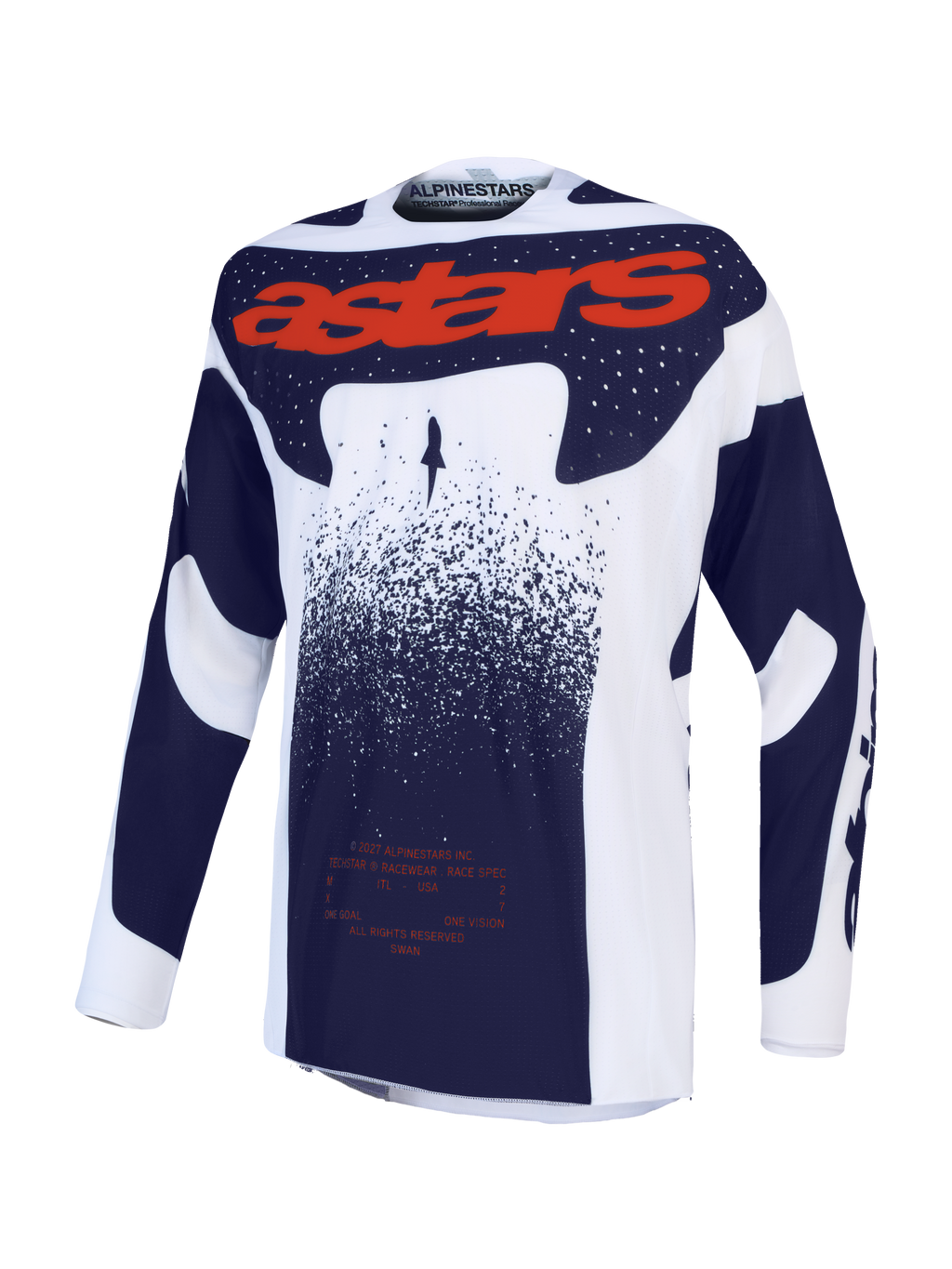 Alpinestars Techstar Swan, camisola de motocross lilás, cinzenta escura e vermelha fluo, ajuste atlético em tecido técnico.