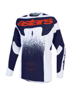 Alpinestars Techstar Swan, camisola de motocross lilás, cinzenta escura e vermelha fluo, ajuste atlético em tecido técnico.