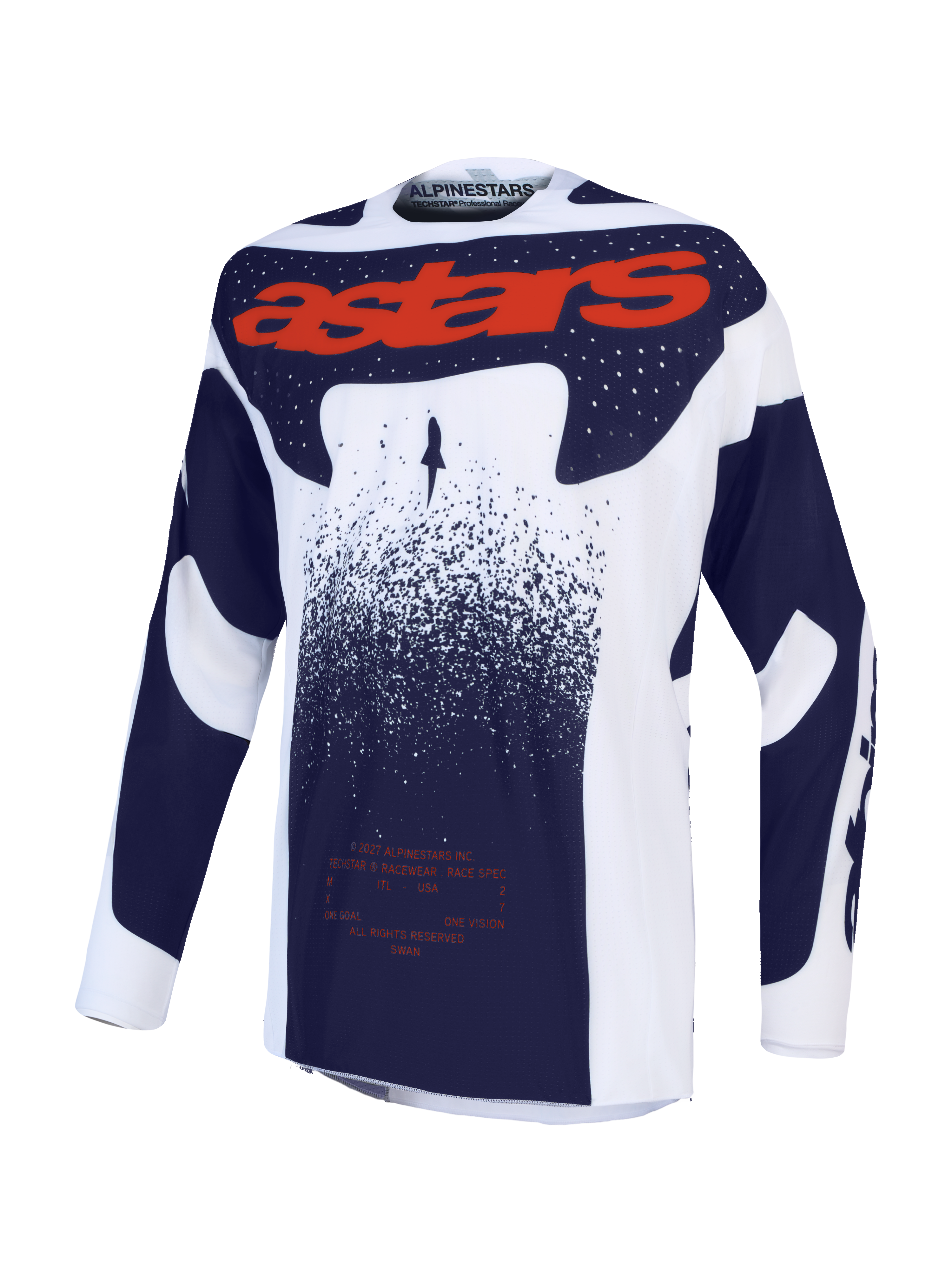 Alpinestars Techstar Swan, camisola de motocross lilás, cinzenta escura e vermelha fluo, ajuste atlético em tecido técnico.