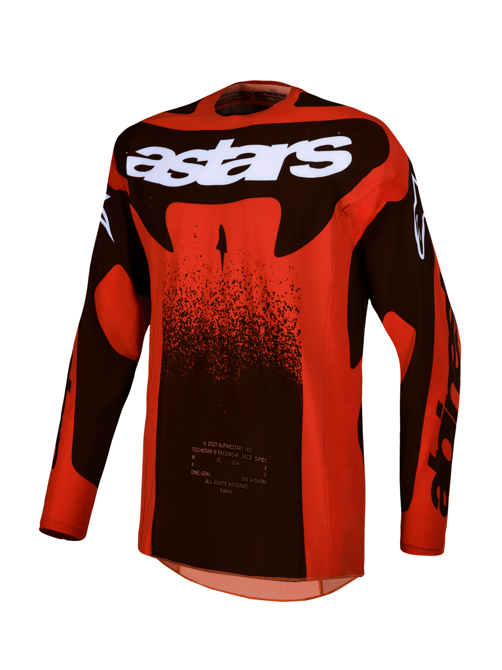 Camisola Techstar Swan da Alpinestars, camisola de motocross para homem, vermelha e preta, tecido elástico de alta performance e ajuste de corrida.