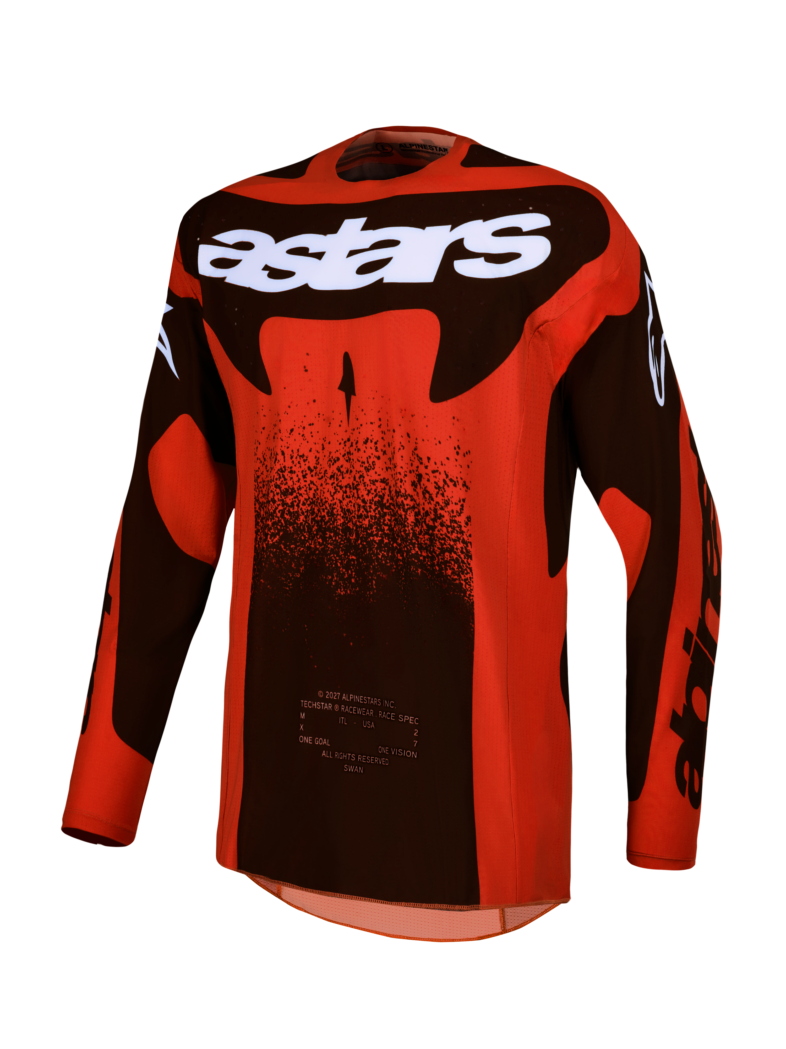 Camisola Techstar Swan da Alpinestars, camisola de motocross para homem, vermelha e preta, tecido elástico de alta performance e ajuste de corrida.