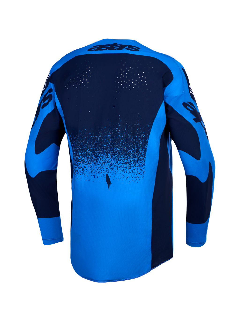 Camisola Techstar Swan da Alpinestars, motocross, azul e azul escuro, vista traseira com perfurações e bainha alongada.