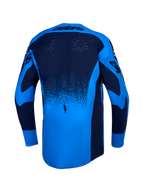 Camisola Techstar Swan da Alpinestars, motocross, azul e azul escuro, vista traseira com perfurações e bainha alongada.