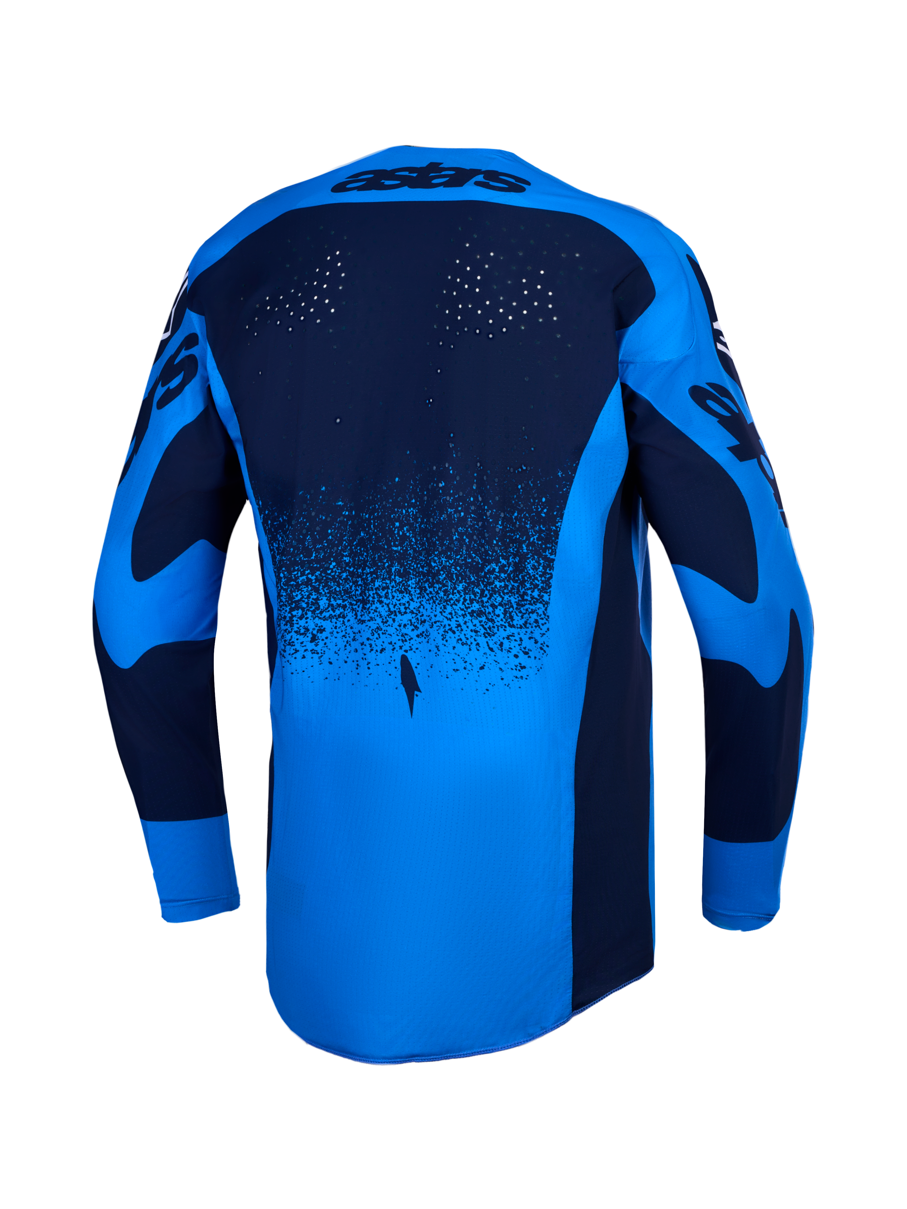 Camisola Techstar Swan da Alpinestars, motocross, azul e azul escuro, vista traseira com perfurações e bainha alongada.