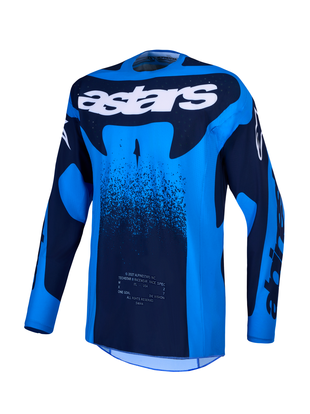 Alpinestars camisola Techstar Swan, para motocross, azul e azul escuro, com ventilação a laser e tecido respirável.