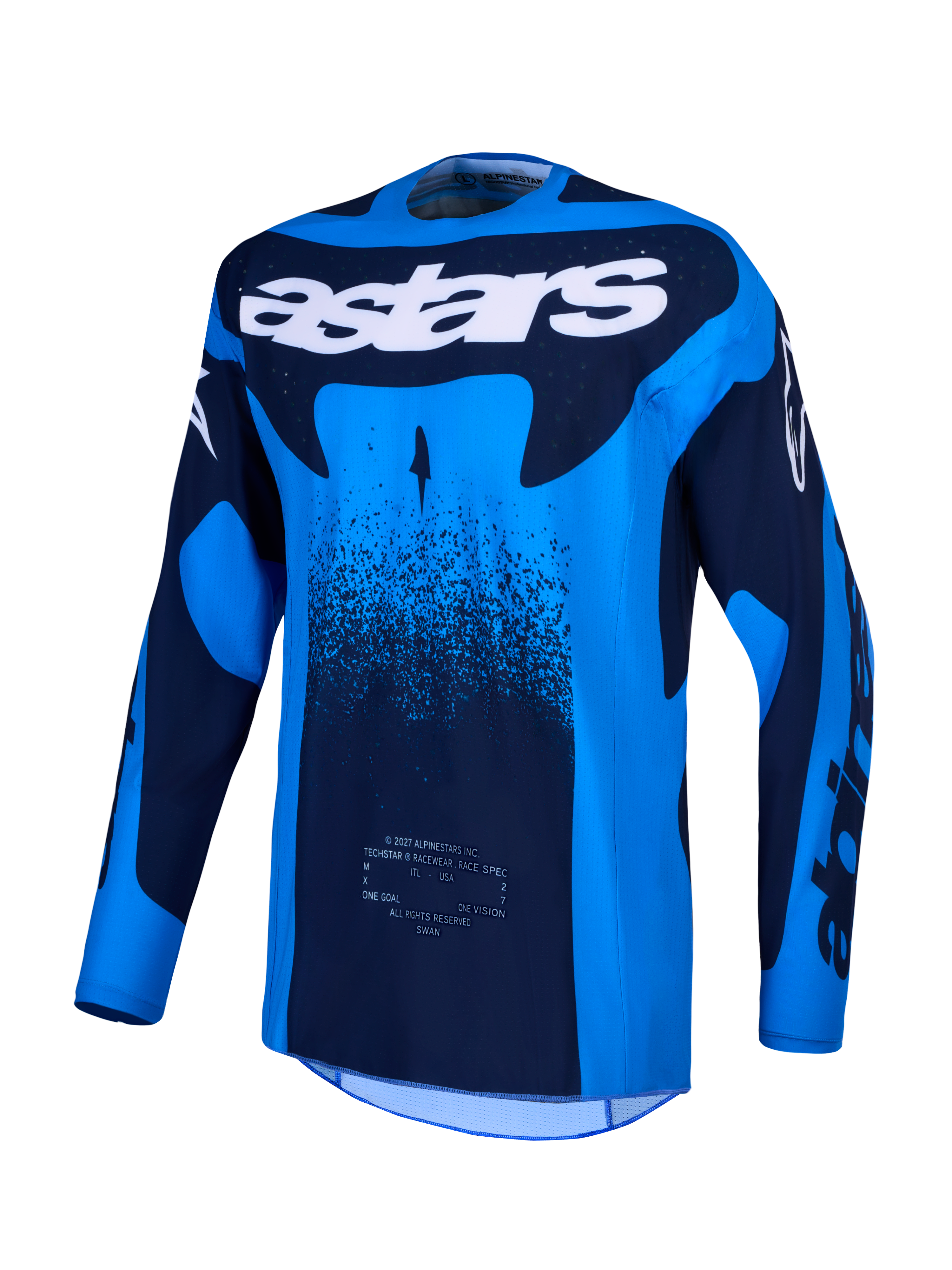 Alpinestars camisola Techstar Swan, para motocross, azul e azul escuro, com ventilação a laser e tecido respirável.