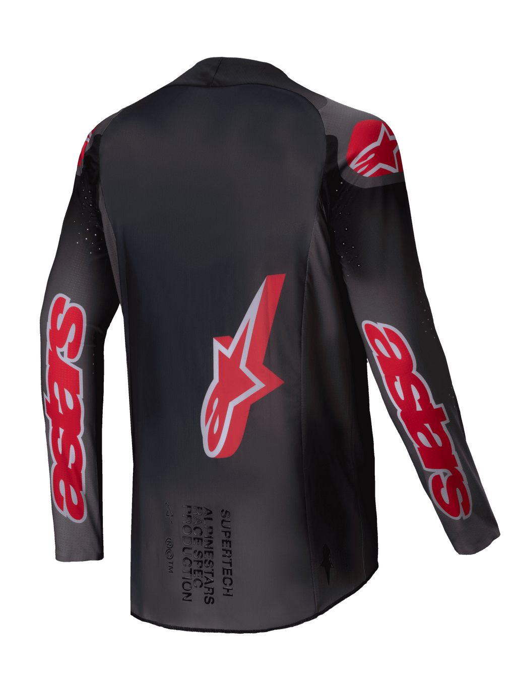 Alpinestars Camisola Supertech Lipan 2025, camisola de motocross off-road, cinzenta e vermelho vivo, malha elástica leve com ventilação perfurada, vista traseira