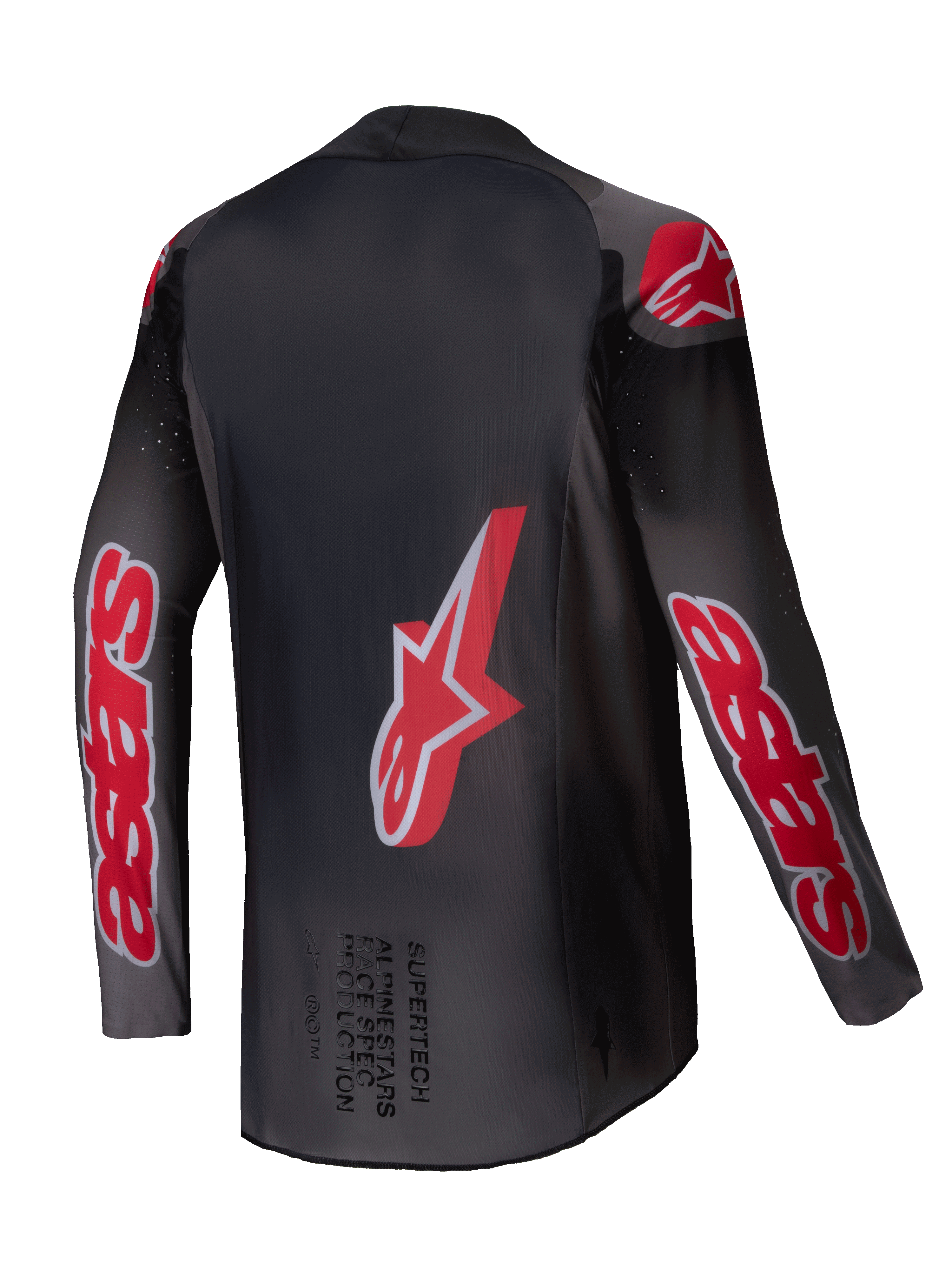 Alpinestars Camisola Supertech Lipan 2025, camisola de motocross off-road, cinzenta e vermelho vivo, malha elástica leve com ventilação perfurada, vista traseira