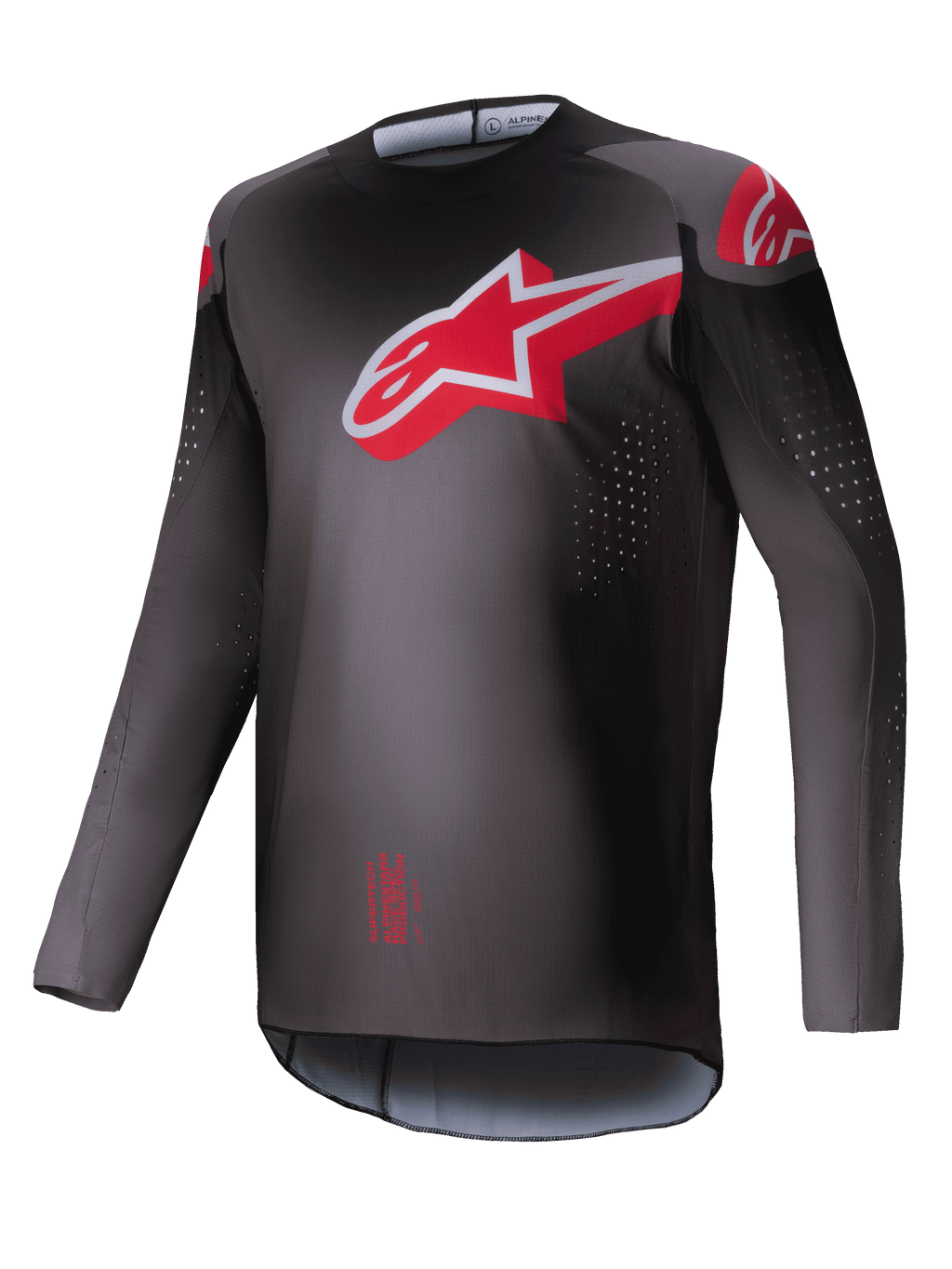 Alpinestars Camisola Supertech Lipan 2025, camisola de motocross off-road para homem, fumo e vermelho vivo, corte atlético ultraleve com perfurações cortadas a laser