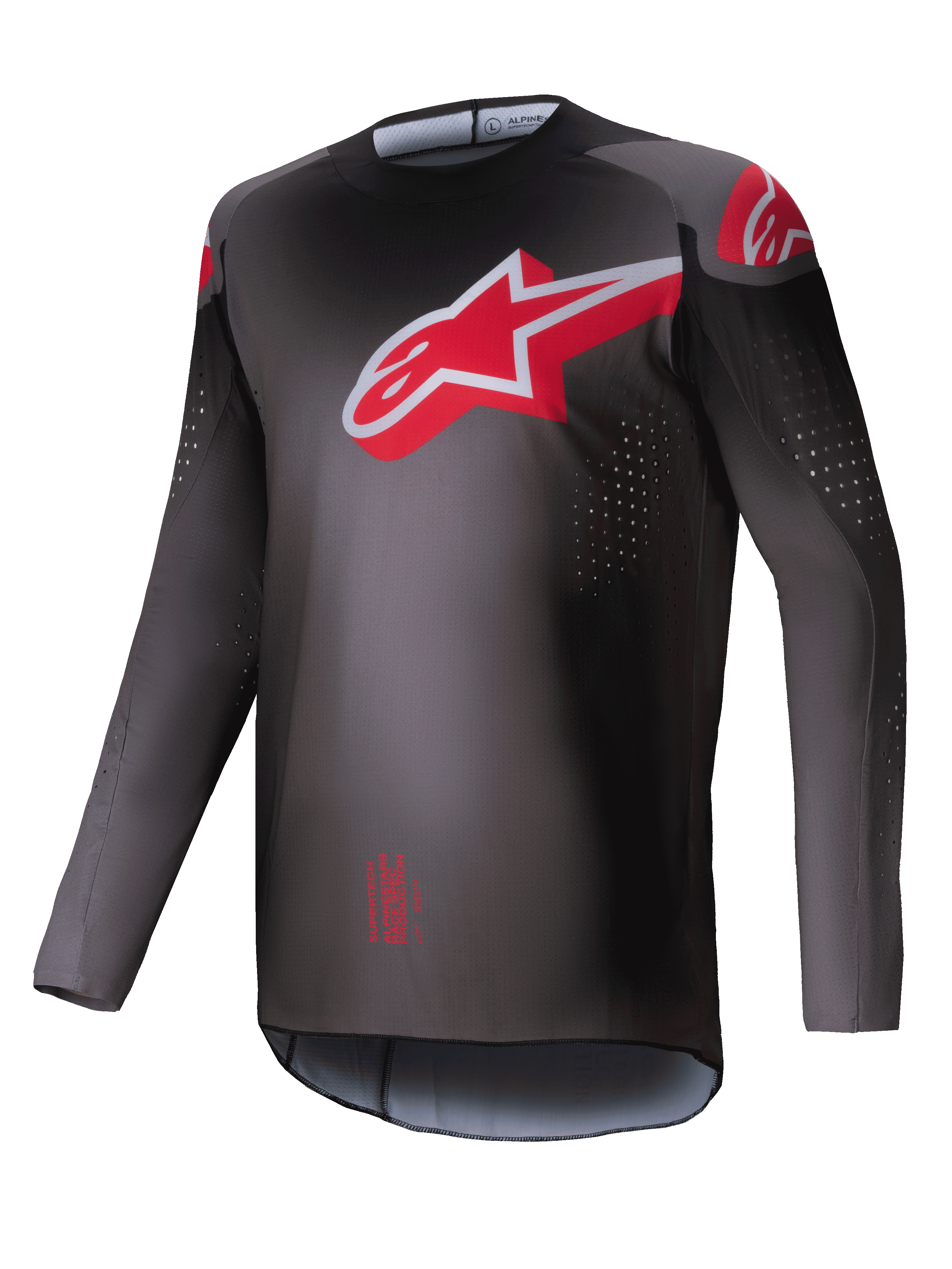 Alpinestars Camisola Supertech Lipan 2025, camisola de motocross off-road para homem, fumo e vermelho vivo, corte atlético ultraleve com perfurações cortadas a laser