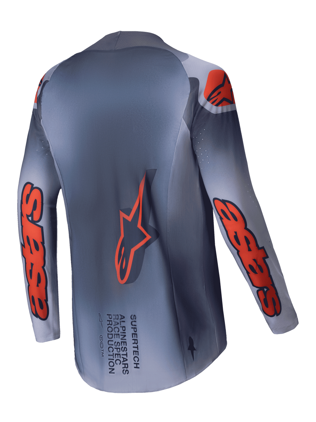 Alpinestars Camisola Supertech Lipan 2025, camisola de motocross para homem, cinzenta e laranja fluo, malha elástica leve com construção Stretchnet e ventilação de corrida, vista traseira
