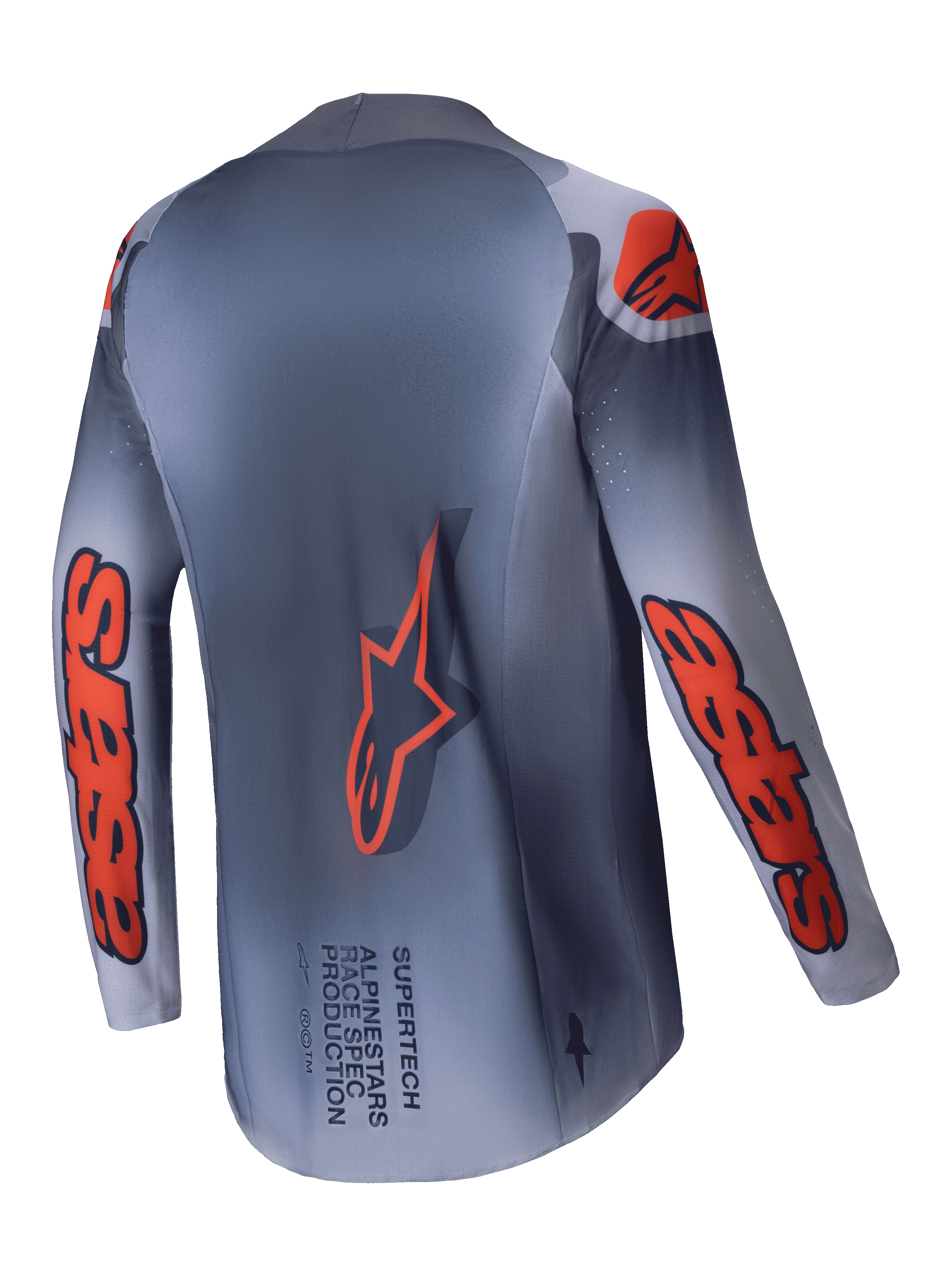 Alpinestars Camisola Supertech Lipan 2025, camisola de motocross para homem, cinzenta e laranja fluo, malha elástica leve com construção Stretchnet e ventilação de corrida, vista traseira