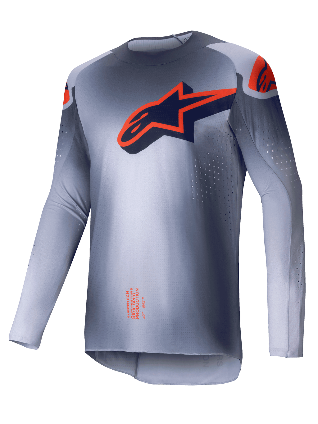 Camisola Supertech Lipan 2025, camisola de motocross para homem, cinzenta e laranja fluo, corte atlético leve com ventilação perfurada a laser