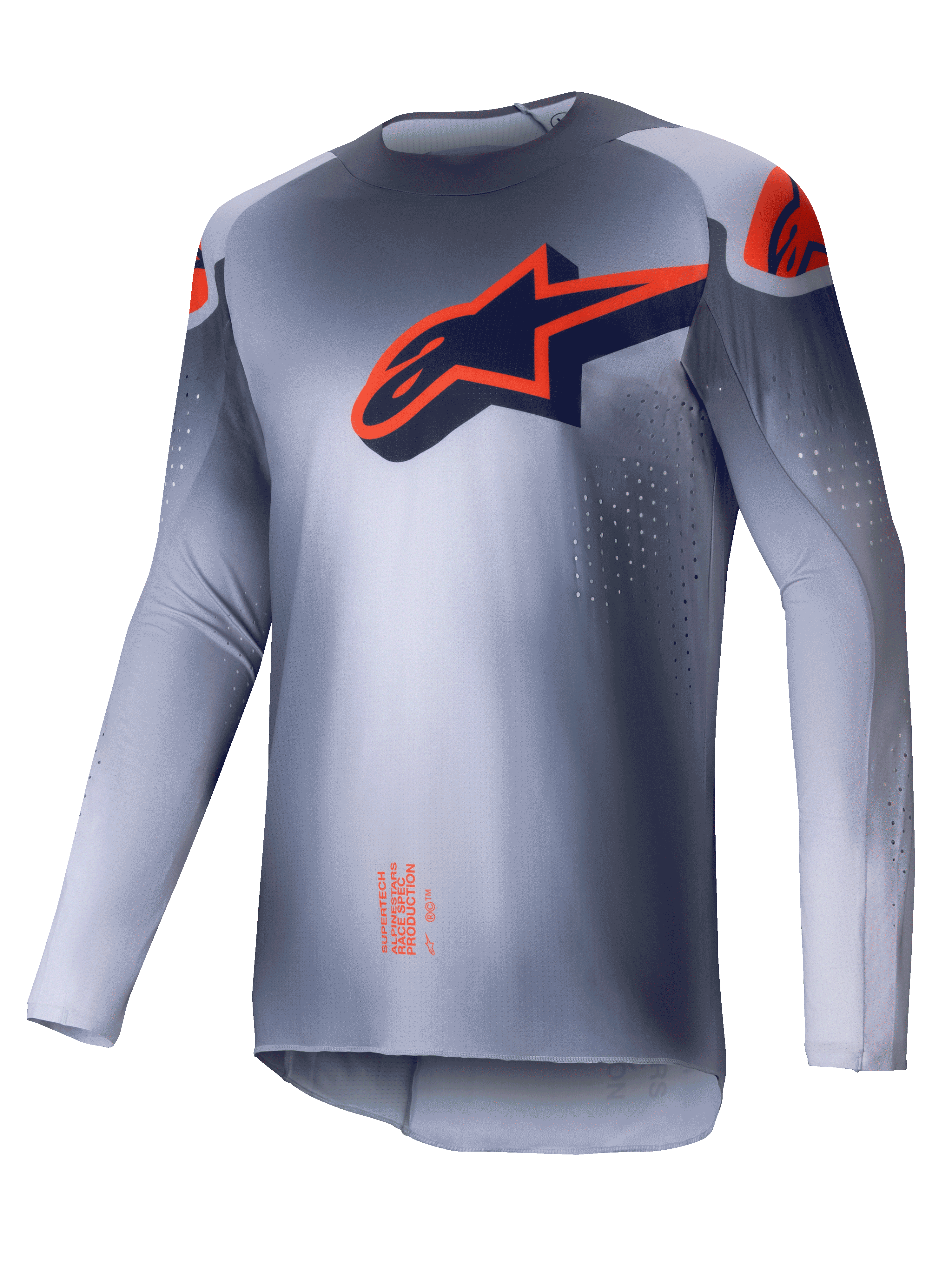 Camisola Supertech Lipan 2025, camisola de motocross para homem, cinzenta e laranja fluo, corte atlético leve com ventilação perfurada a laser