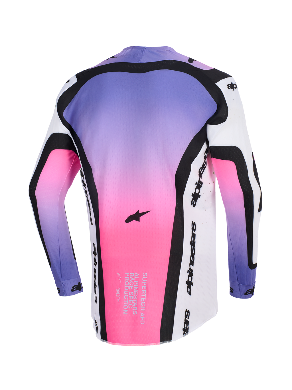 Alpinestars 2026 Supertech AFD Vista Jersey, camisola de motocross, branca, roxa e preta com gradiente rosa, vista traseira mostrando o texto Supertech AFD race-spec e a marca Alpinestars, equipamento todo-o-terreno profissional com ajuste atlético
