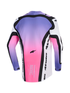 Alpinestars 2026 Supertech AFD Vista Jersey, camisola de motocross, branca, roxa e preta com gradiente rosa, vista traseira mostrando o texto Supertech AFD race-spec e a marca Alpinestars, equipamento todo-o-terreno profissional com ajuste atlético