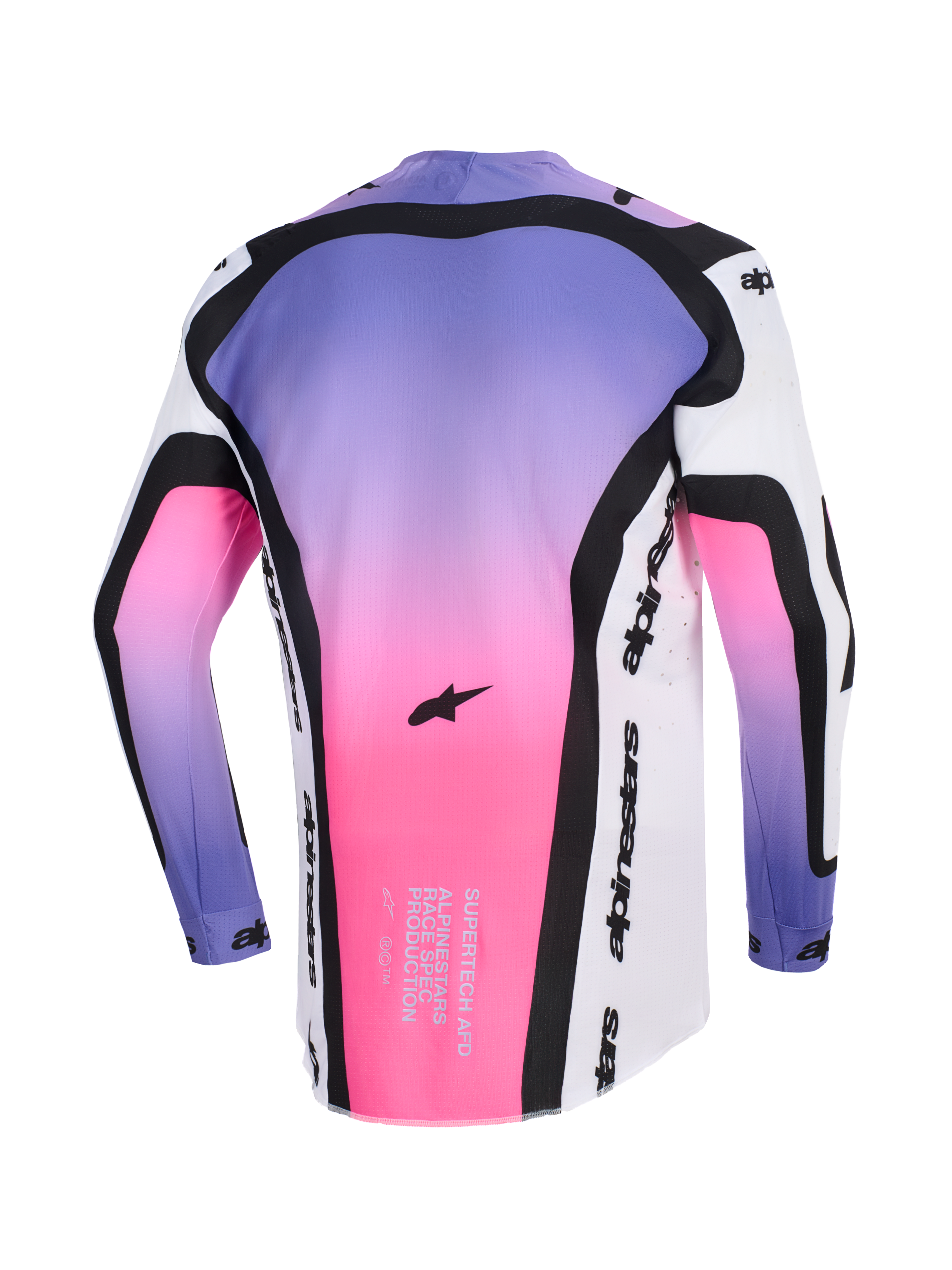 Alpinestars 2026 Supertech AFD Vista Jersey, Motocross Jersey, White Purple and Black with pink and purple gradient, back view showing black contoured panels, Alpinestars logo, and race-spec text on the lower hem, athletic fit for off-road performance.