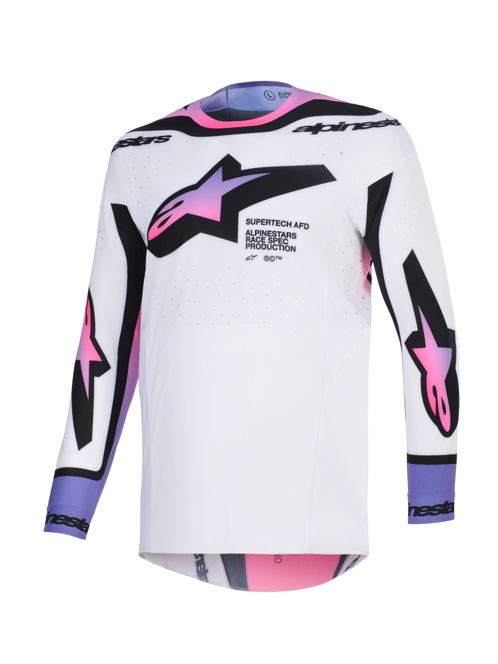 Alpinestars 2026 Supertech AFD Vista Jersey, camisola de motocross, branca, roxa e preta, base branca com logótipos de estrela em degradê rosa e roxo no peito e nas mangas, branding preto no colarinho e punhos, ajuste atlético e tecido de malha perfurada para ventilação