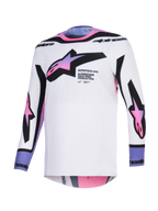 Alpinestars 2026 Supertech AFD Vista Jersey, camisola de motocross, branca, roxa e preta, base branca com logótipos de estrela em degradê rosa e roxo no peito e nas mangas, branding preto no colarinho e punhos, ajuste atlético e tecido de malha perfurada para ventilação