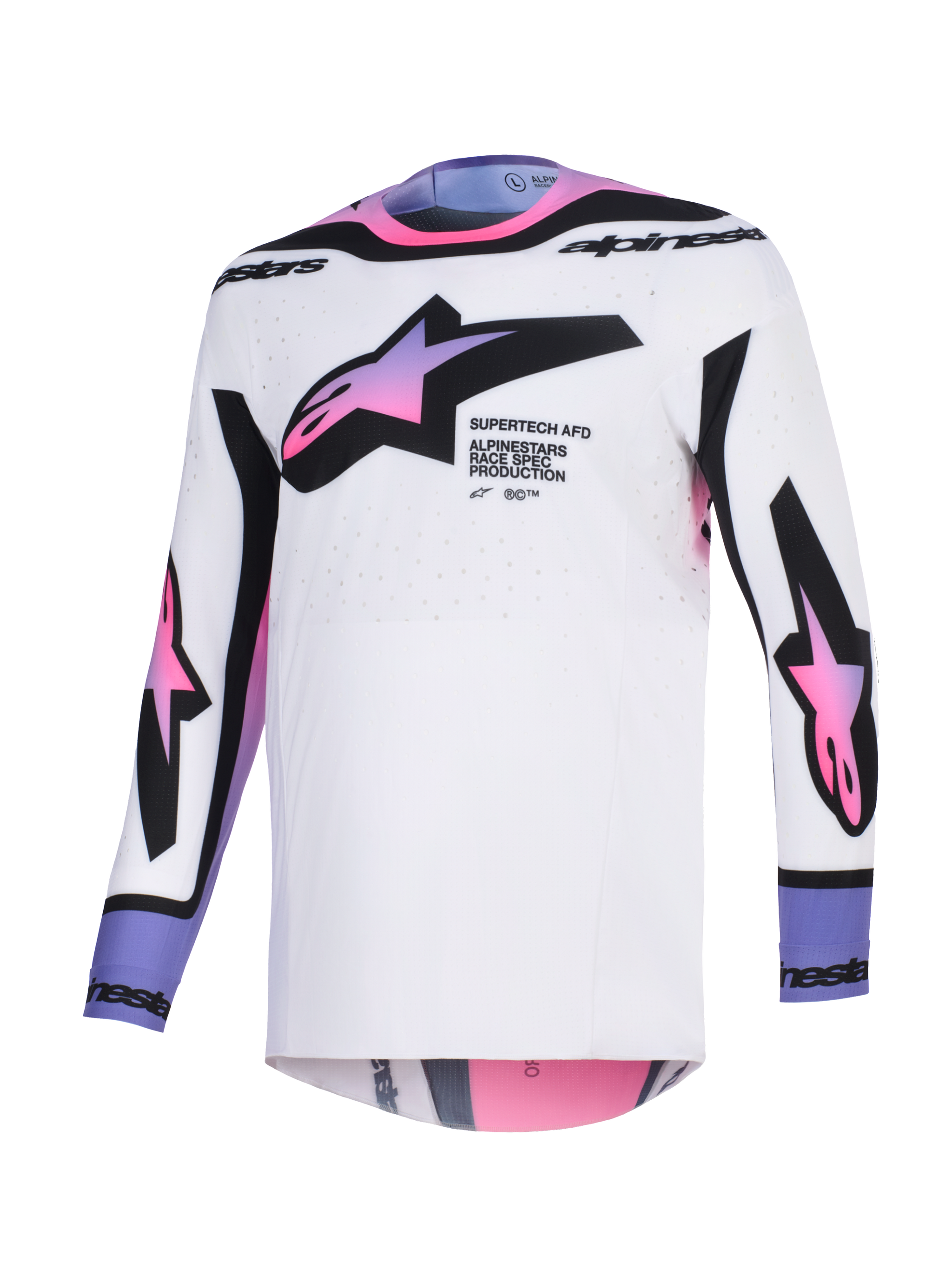 Alpinestars 2026 Supertech AFD Vista Jersey, Motocross Jersey, White Purple and Black, white base with pink and purple gradient star logos on the chest and sleeves, black branding on the collar and cuffs, featuring an athletic fit and perforated mesh fabric for ventilation.