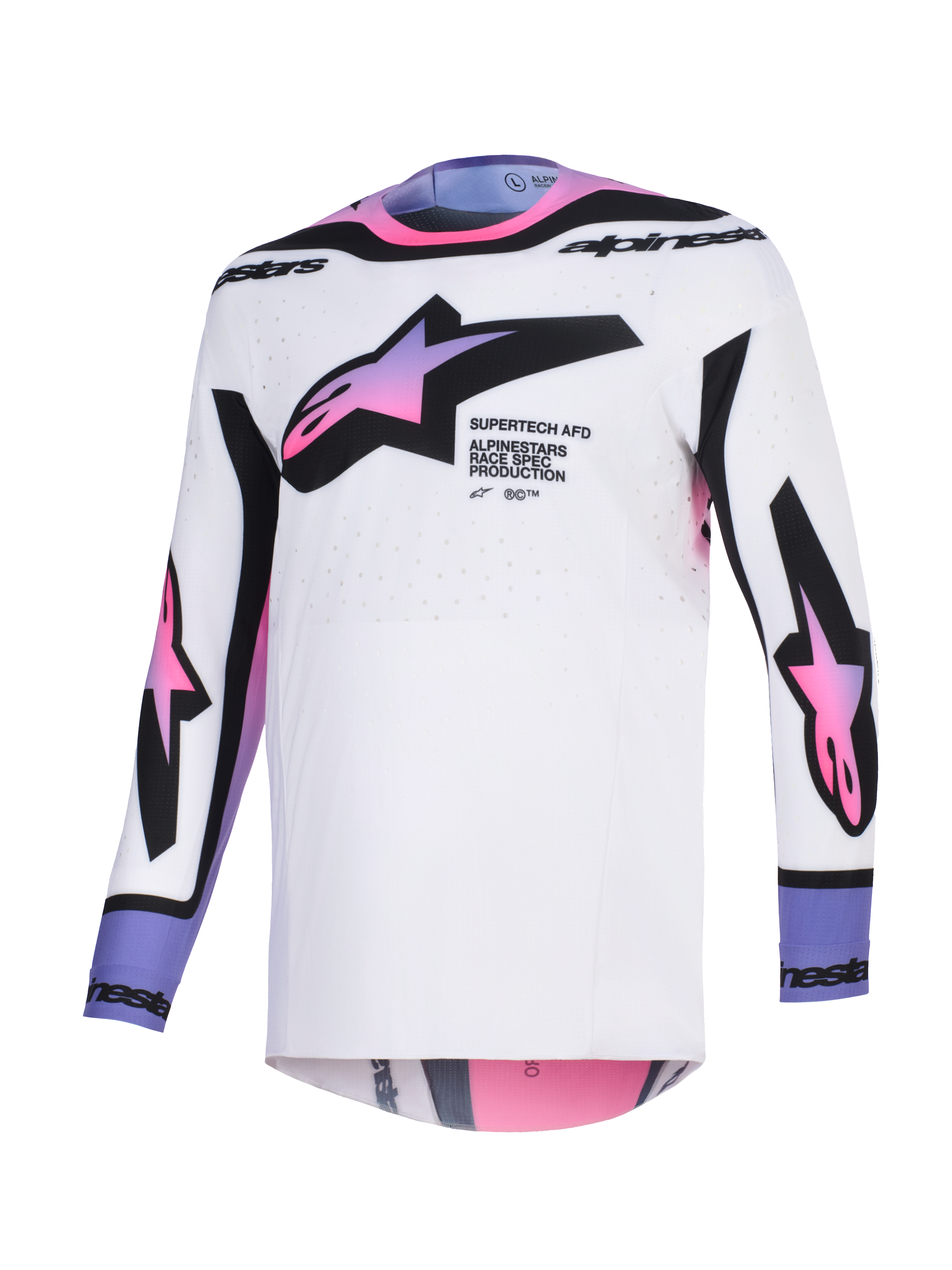 Alpinestars 2026 Supertech AFD Vista Jersey, camisola de motocross, branca, roxa e preta, base branca com logótipos de estrela em degradê rosa e roxo no peito e nas mangas, branding preto no colarinho e punhos, ajuste atlético e tecido de malha perfurada para ventilação