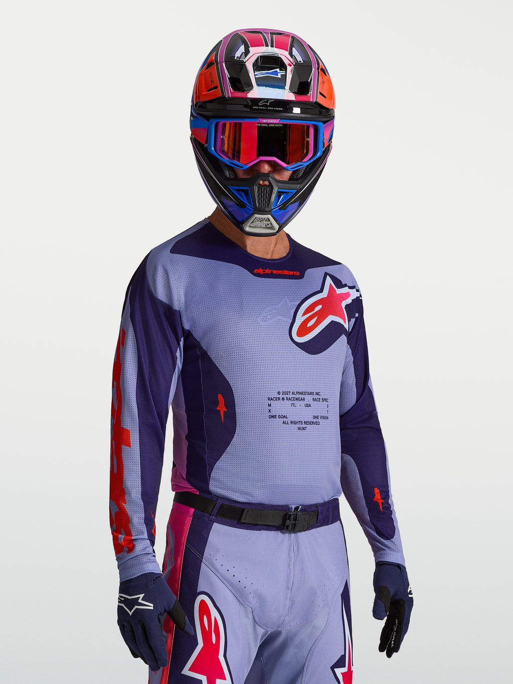 Alpinestars Racer Air Hunt, camisola de motocross para homem, roxa e rosa, em malha de fluxo de ar total e ventilada.
