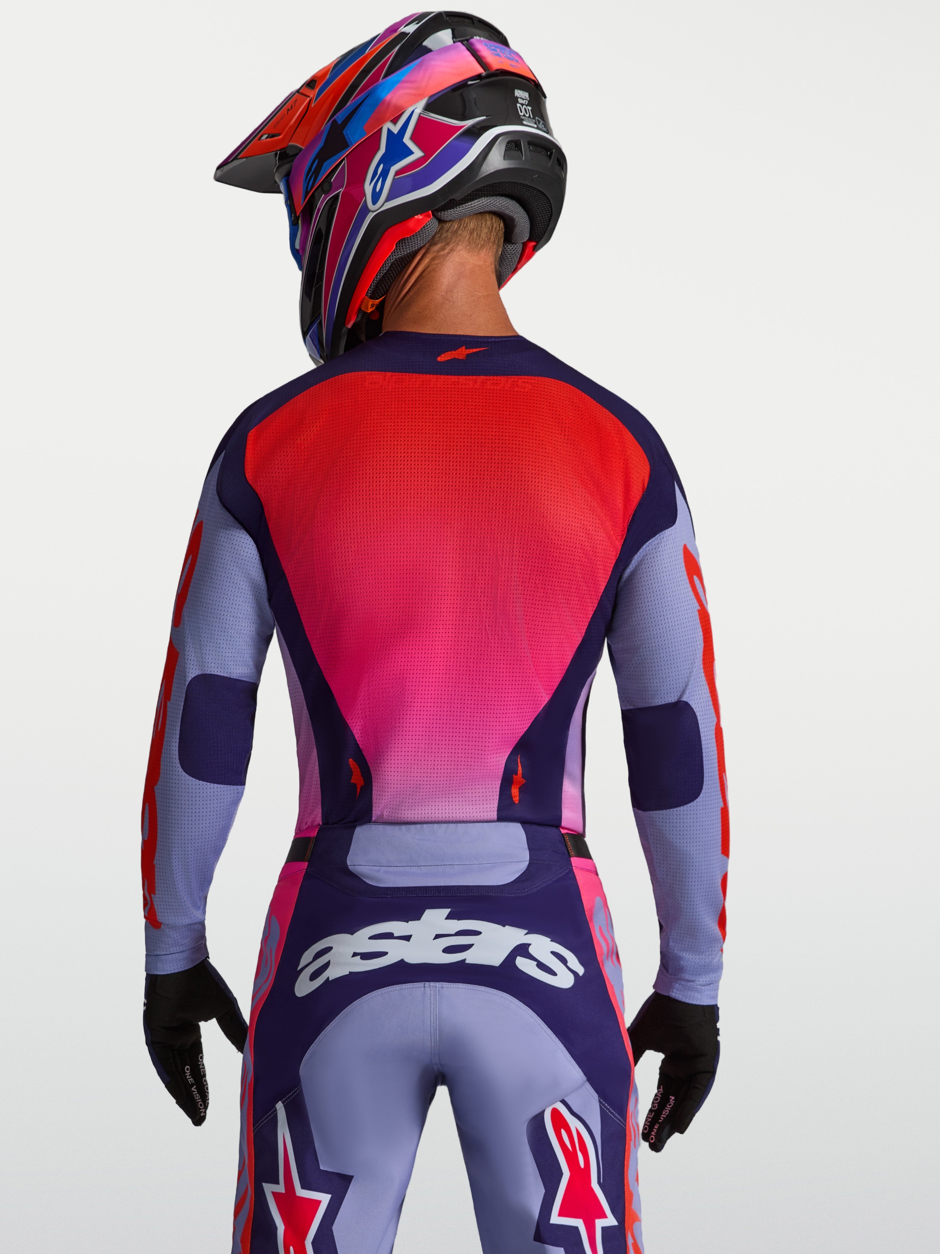 Alpinestars Racer Air Hunt, camisola de motocross para homem, roxa e rosa fluo, malha respirável, vista traseira