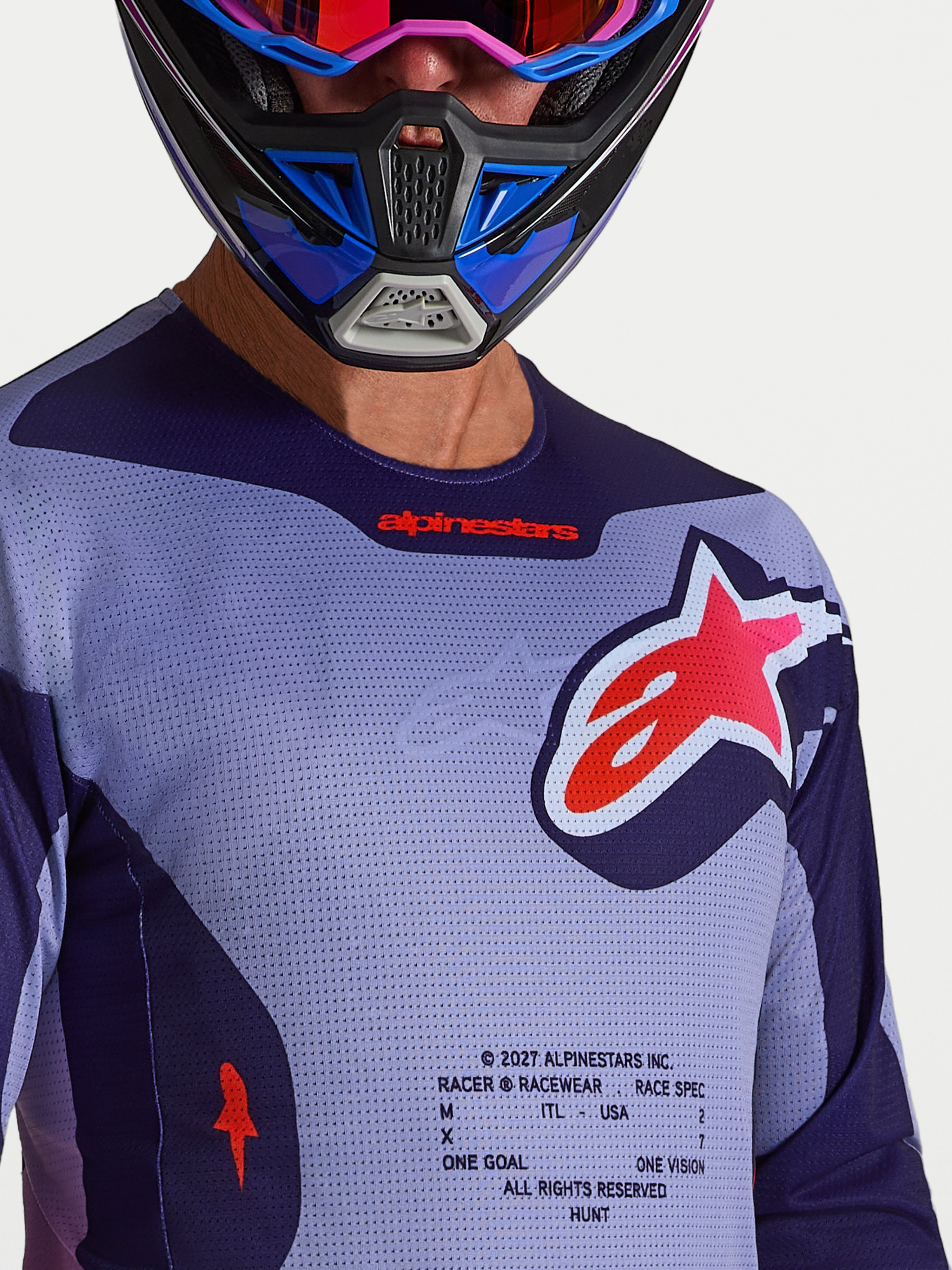 Alpinestars Camisola Racer Air Hunt, camisola de motocross para homem, roxa e violeta claro, construção em malha respirável com logótipo Astars vermelho, ideal para off-road.