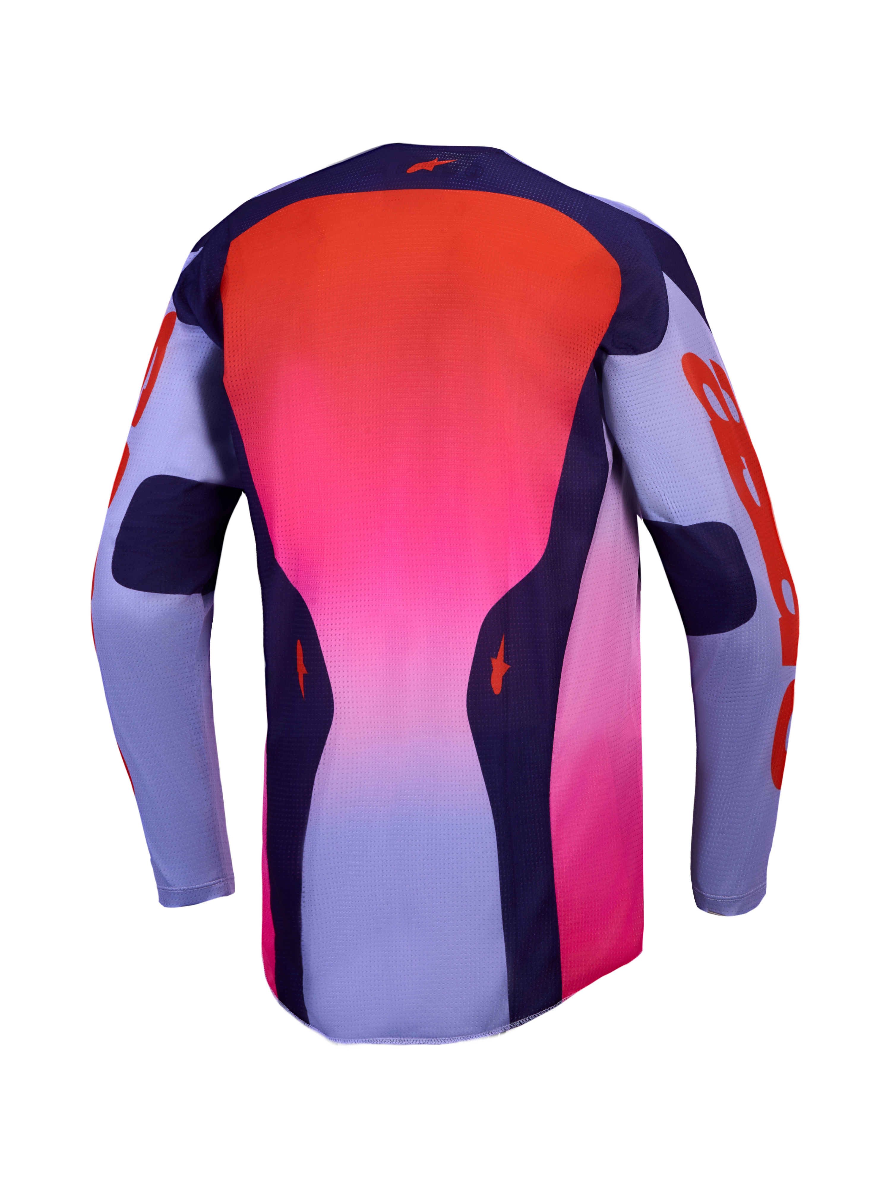 Alpinestars Racer Air Hunt, camisola de motocross ventilada em gradiente roxo e vermelho, malha respirável, vista traseira.