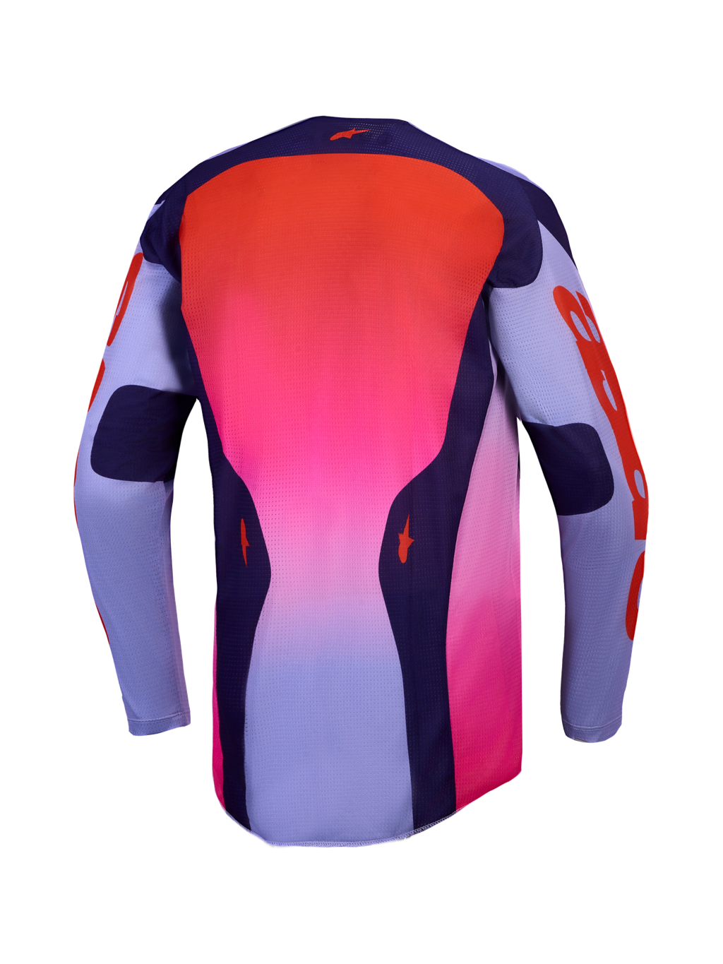 Alpinestars Racer Air Hunt, camisola de motocross para homem, vista traseira, roxo e rosa fluo, malha de fluxo de ar total para ventilação.