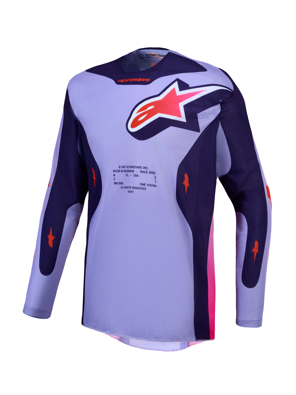 Alpinestars Camisola Racer Air Hunt, camisola de motocross roxa e violeta com malha respirável e detalhes rosa.