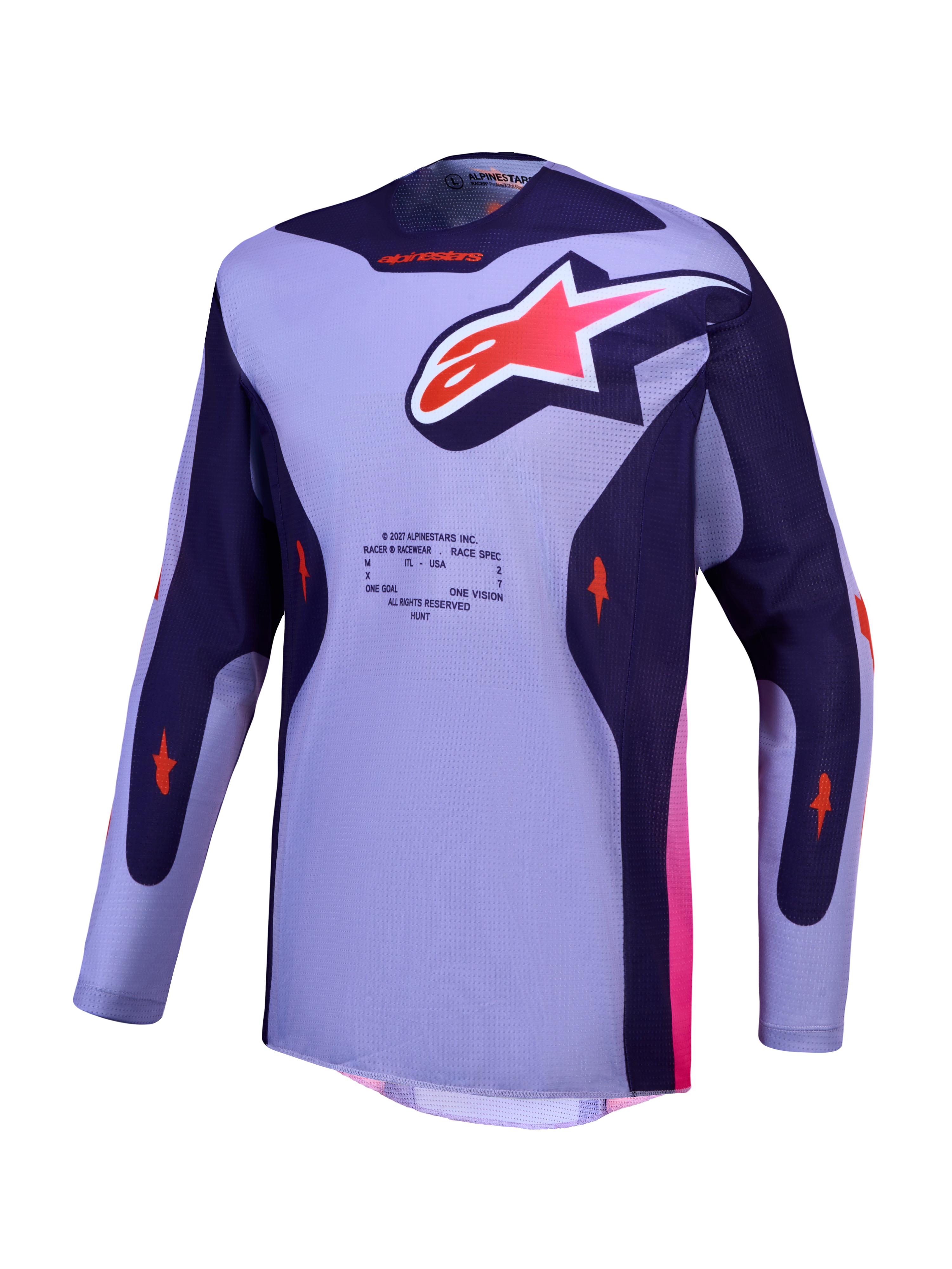 Alpinestars Camisola Racer Air Hunt, camisola de motocross roxa e violeta com malha respirável e detalhes rosa.
