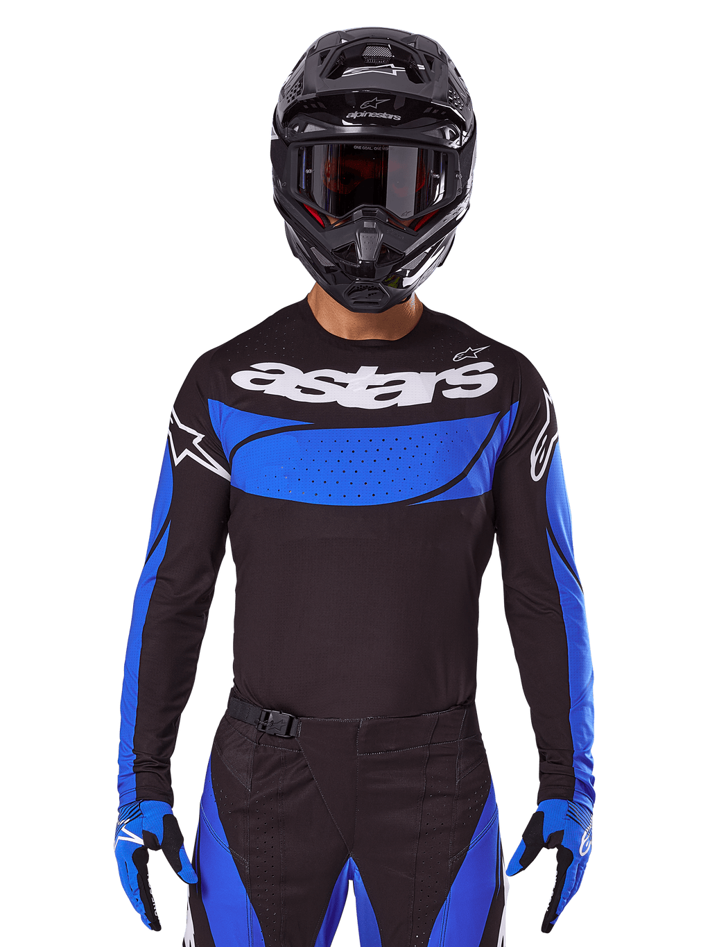 Alpinestars Techstar Dreem 2025, conjunto e camisola de motocross, preto e azul, equipamento para corridas todo-o-terreno.