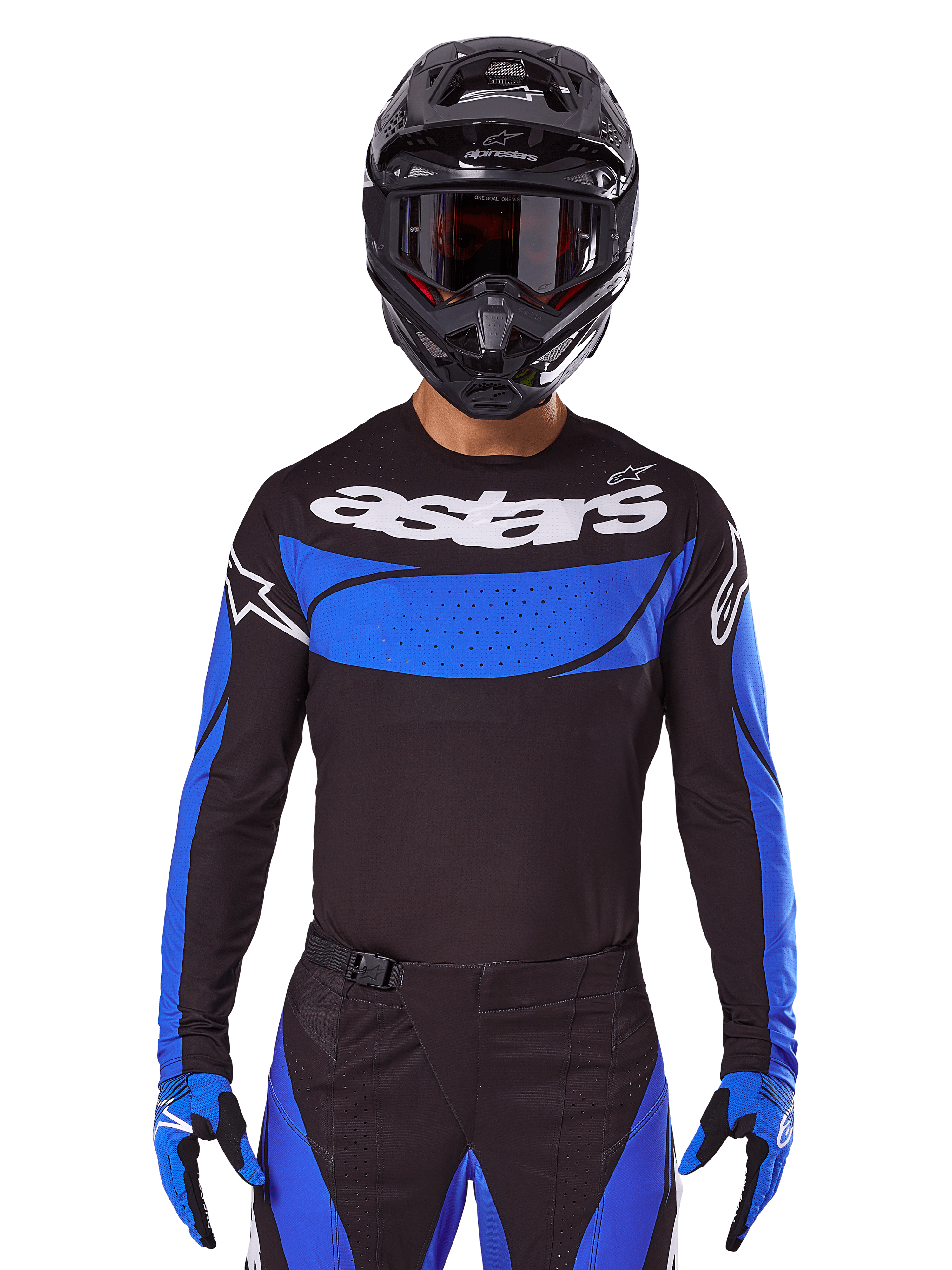 Alpinestars Techstar Dreem 2025, conjunto e camisola de motocross, preto e azul, equipamento para corridas todo-o-terreno.