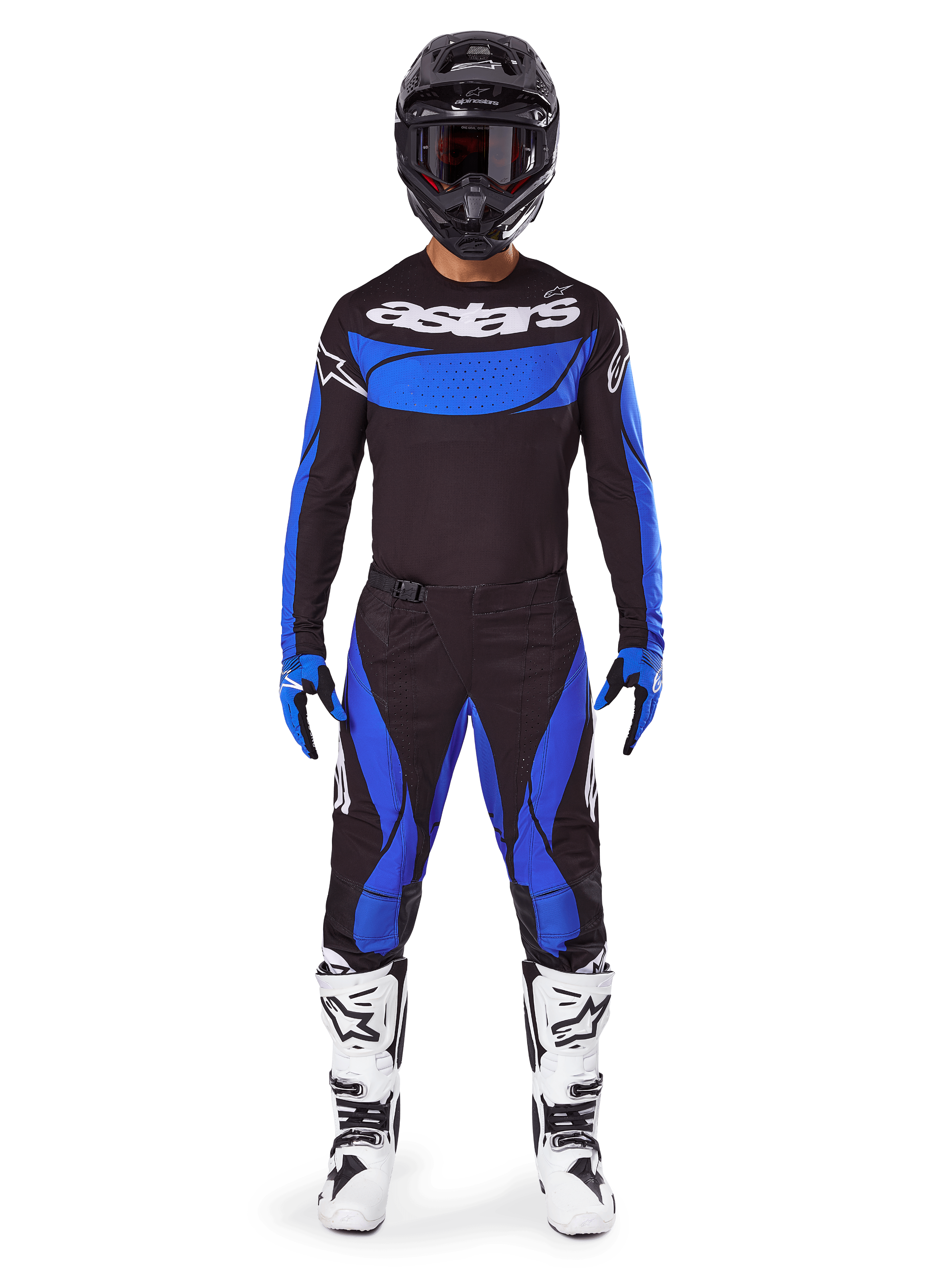 Conjunto Alpinestars Techstar Dreem 2025, equipamento de motocross para homem, preto e azul com botas brancas.
