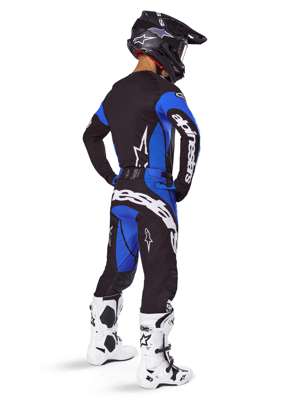 Conjunto e camisola Techstar Dreem 2025 Alpinestars, equipamento de motocross para homem, preto e azul, vista traseira