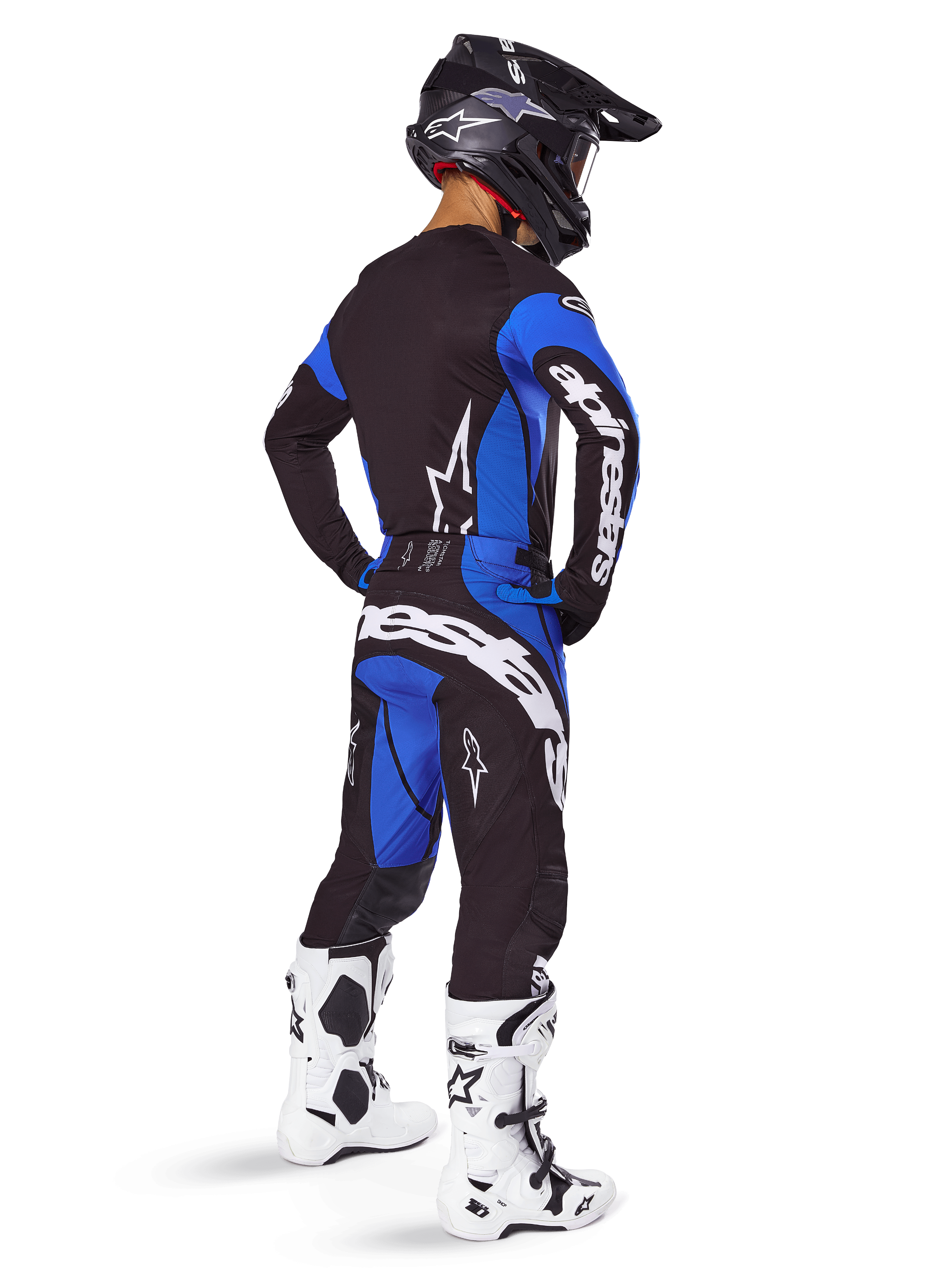 Conjunto e camisola Techstar Dreem 2025 Alpinestars, equipamento de motocross para homem, preto e azul, vista traseira