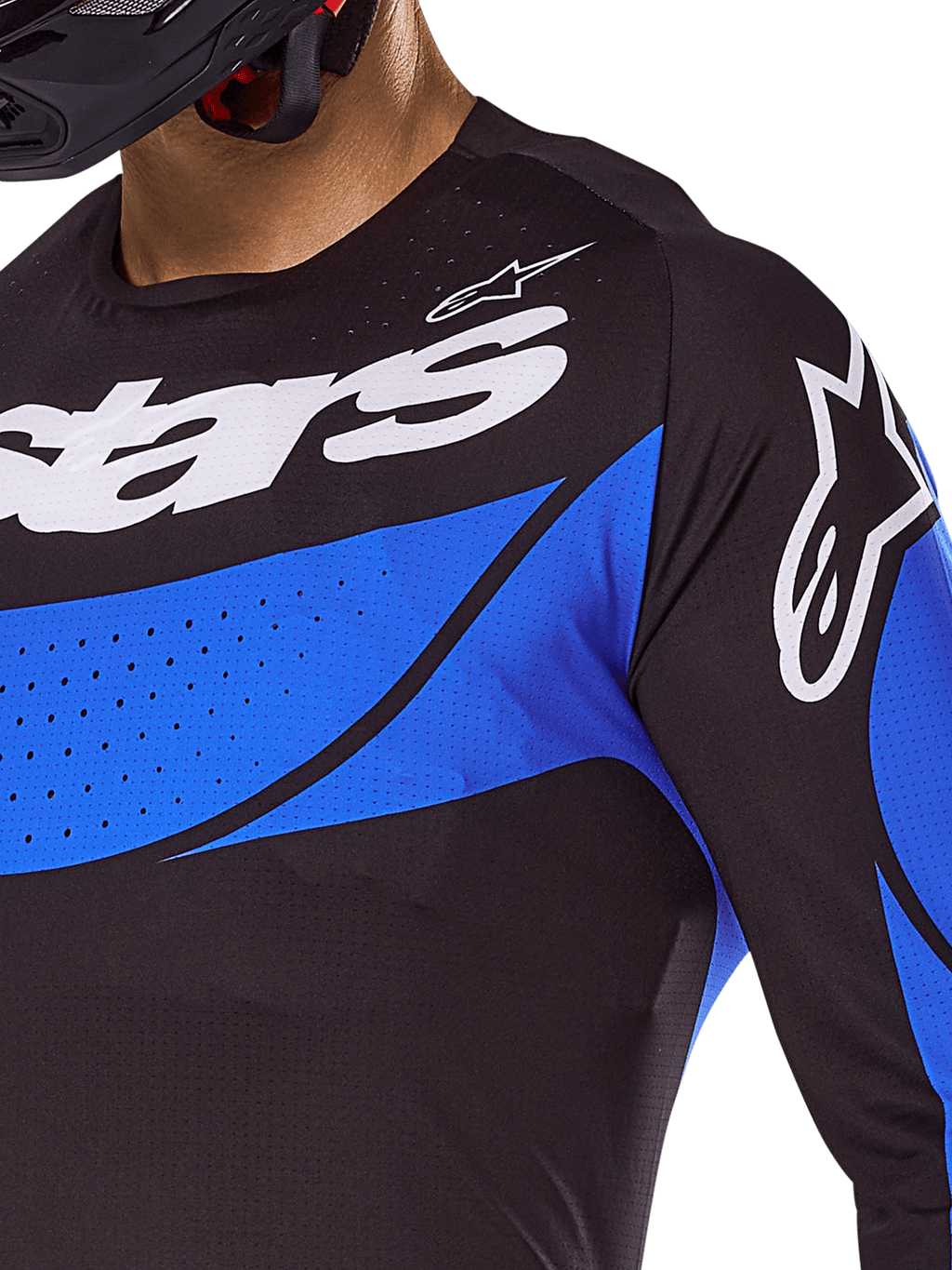 Alpinestars camisola Techstar Dreem 2025, camisola de motocross preta e azul com perfurações cortadas a laser para ventilação.