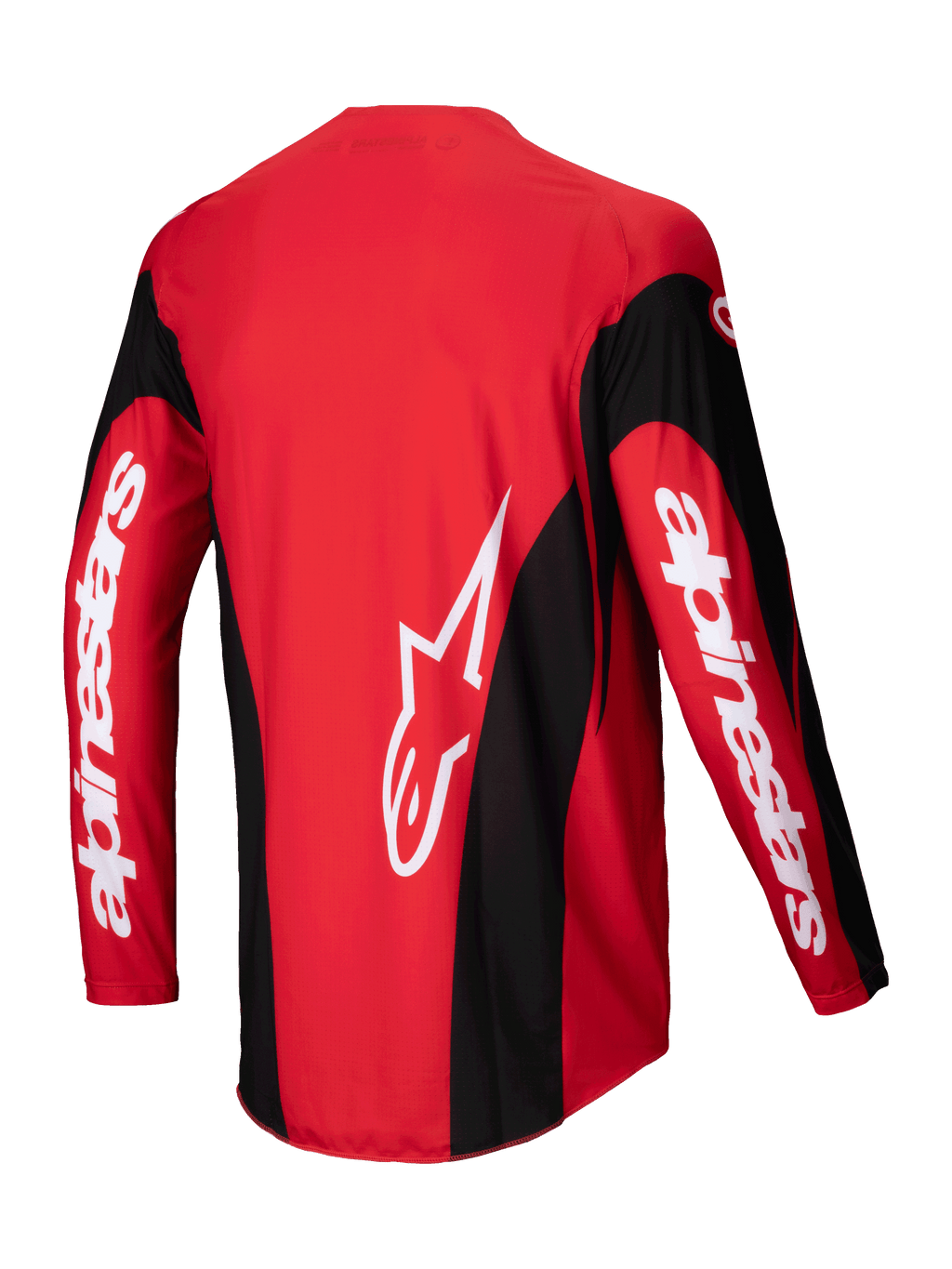 Alpinestars Camisola Techstar Dreem 2025, camisola de motocross, vermelha e preta, vista traseira mostrando a construção leve em poli-tecido elástico e bainha traseira alongada