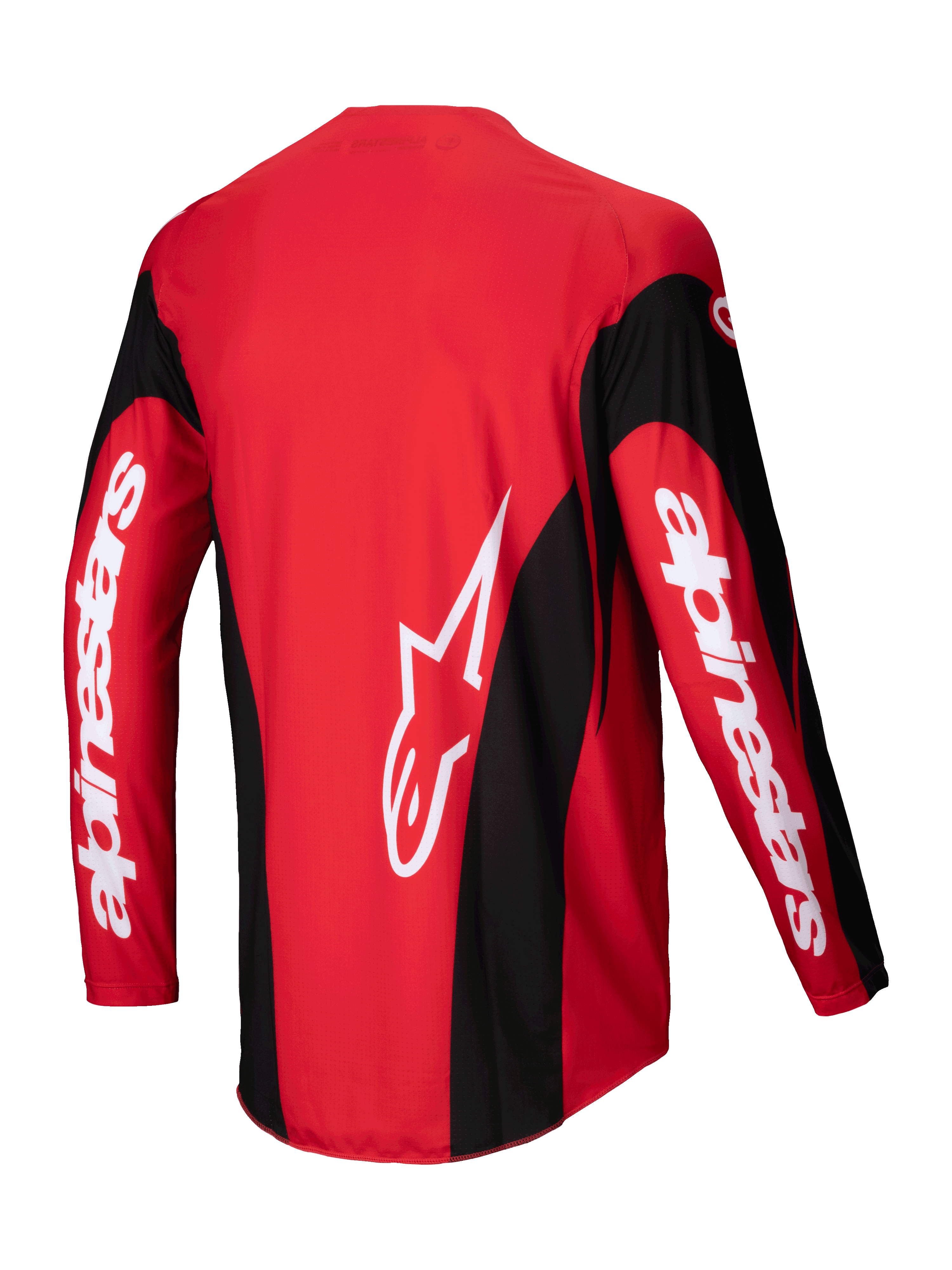 Alpinestars Camisola Techstar Dreem 2025, camisola de motocross, vermelha e preta, vista traseira mostrando a construção leve em poli-tecido elástico e bainha traseira alongada