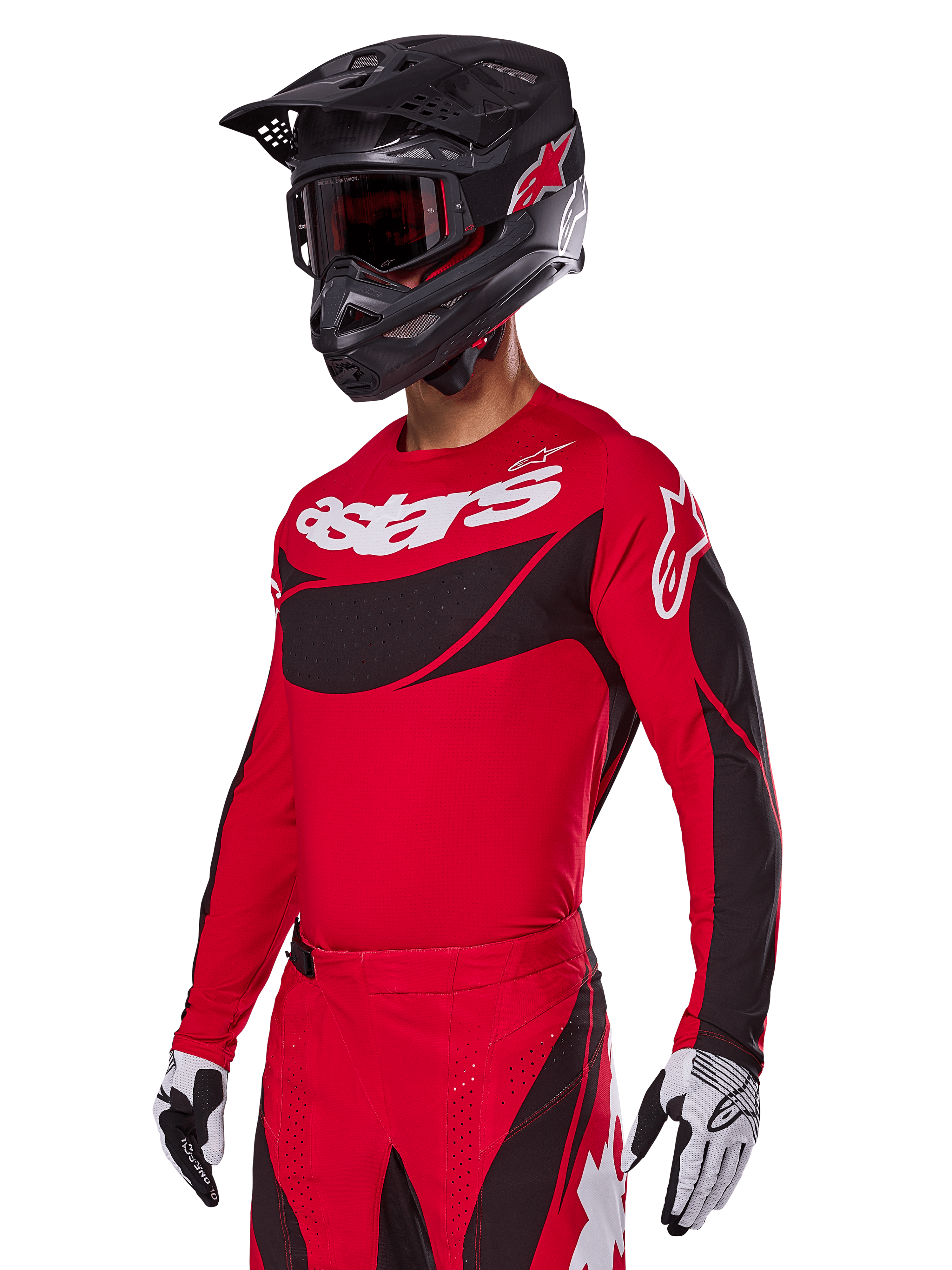 Alpinestars 2025 Techstar Dreem Gear Set, camisola e calças de motocross vermelhas com detalhes em preto e branco, usado com capacete e óculos pretos, luvas brancas e pretas, com a marca 'astars' em destaque, concebido para corridas de alto desempenho em todo-o-terreno