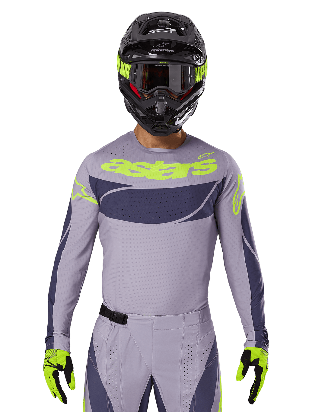 Conjunto de Jersey e Equipamento Techstar Dreem 2025, fato de corrida de motocross, cinzento claro e cinzento escuro com pormenores em amarelo néon, inclui a marca 'astars', usado com capacete preto, óculos e luvas a condizer, material técnico perfurado para performance todo-o-terreno