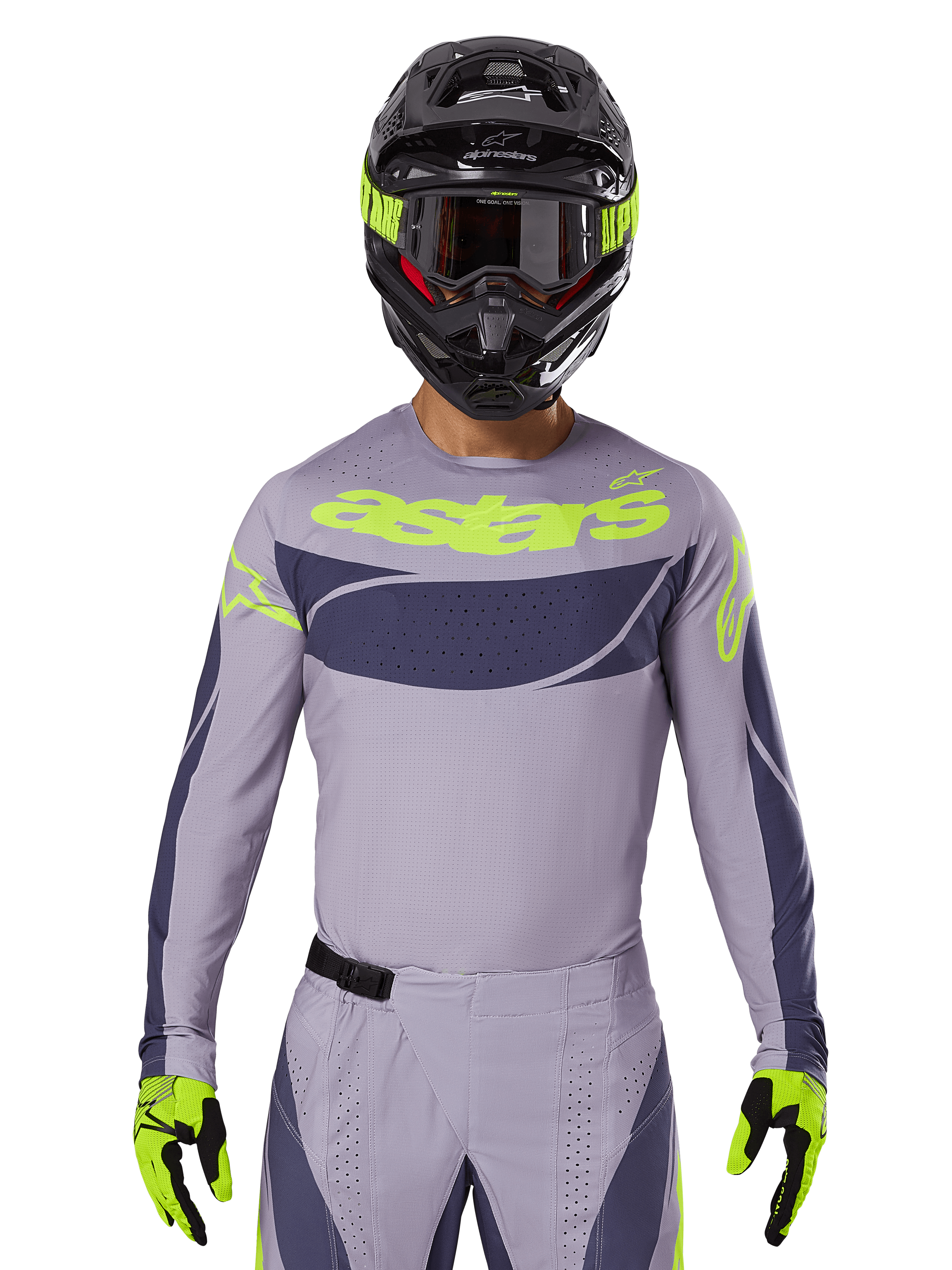 2025 Techstar Dreem Jersey and Gear Set, Motocross racing outfit, light gray and dark gray with neon yellow accents, features 'astars' branding, worn with black helmet, goggles, and matching gloves, technical perforated material for off-road performance